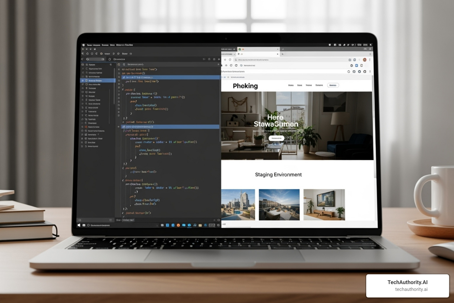 A laptop screen displaying a staging environment with code and website preview - managed WordPress hosting for freelancers