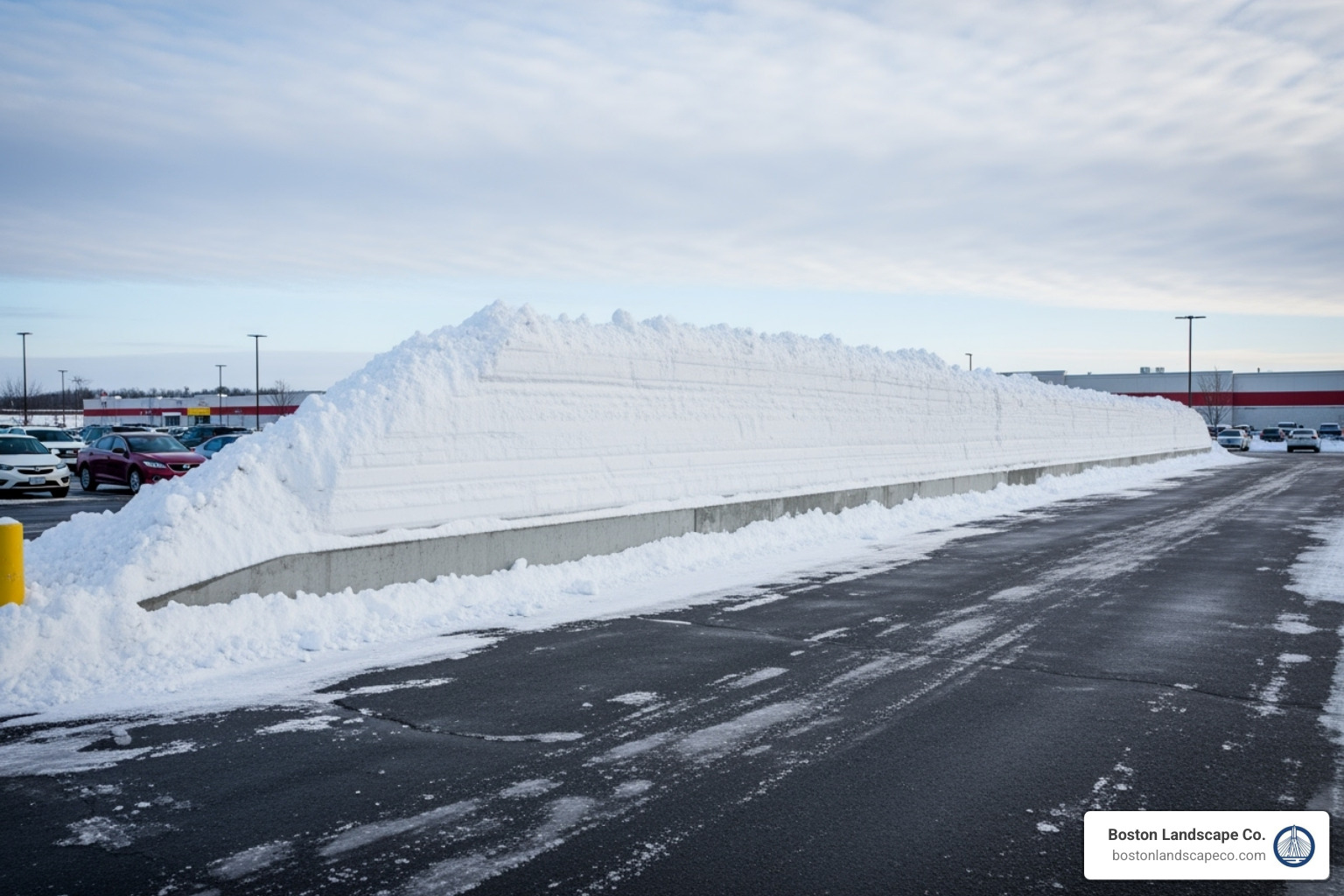 large, neat snow pile at the far edge of a parking lot - Parking Lot Snow Plowing
