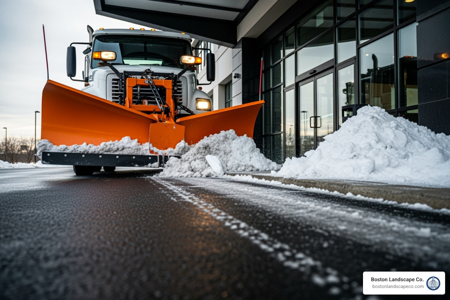 plow truck back dragging snow away from a building's entrance - Parking Lot Snow Plowing