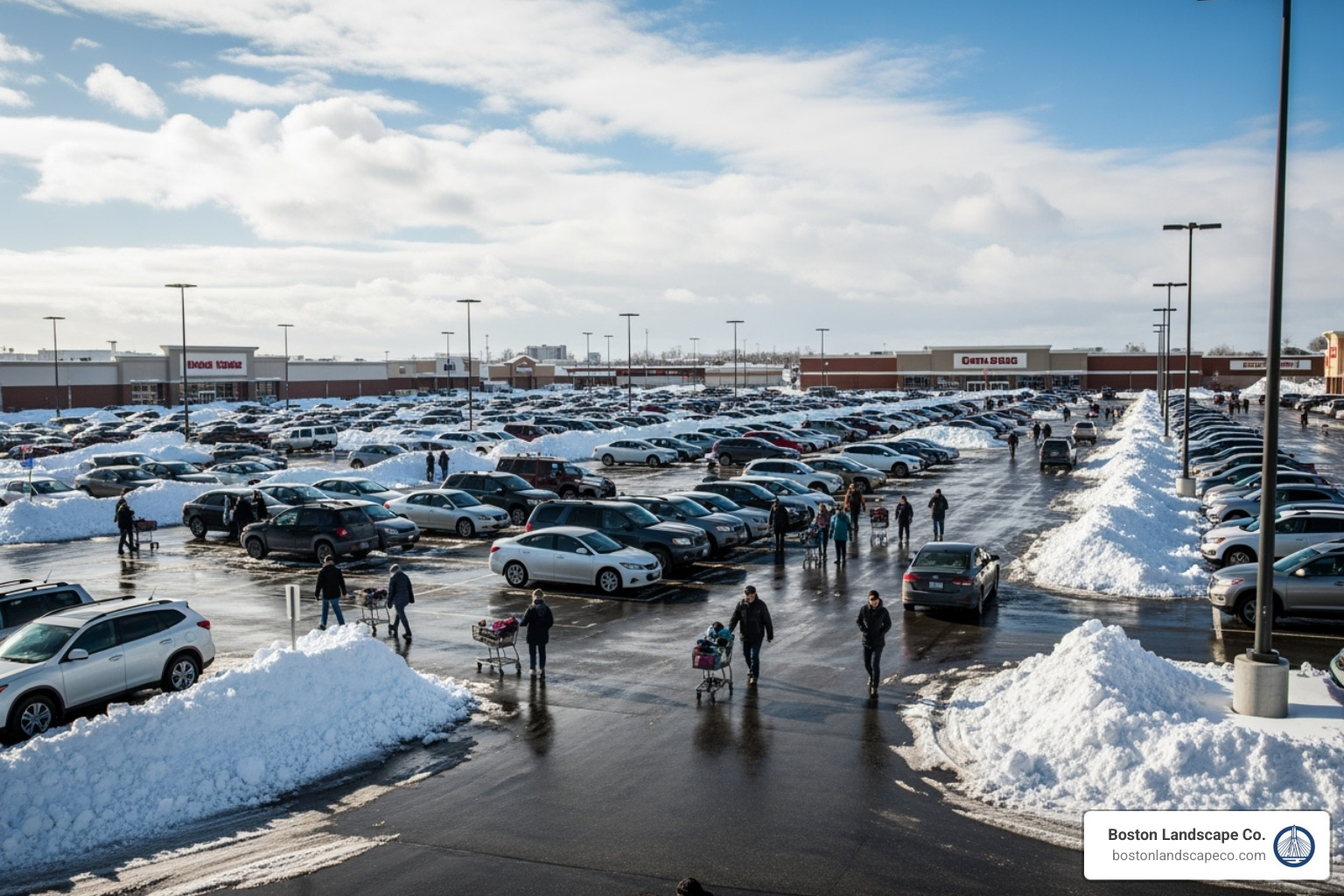 safe, accessible, and fully cleared retail parking lot busy with customers after a snowstorm - Parking Lot Snow Plowing