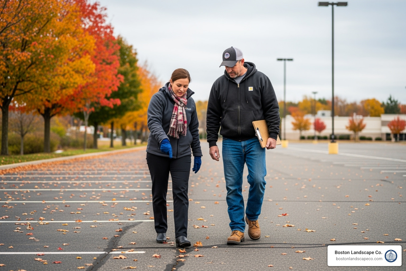 property manager and a snow contractor walking a parking lot in the fall, pointing out features - Parking Lot Snow Plowing
