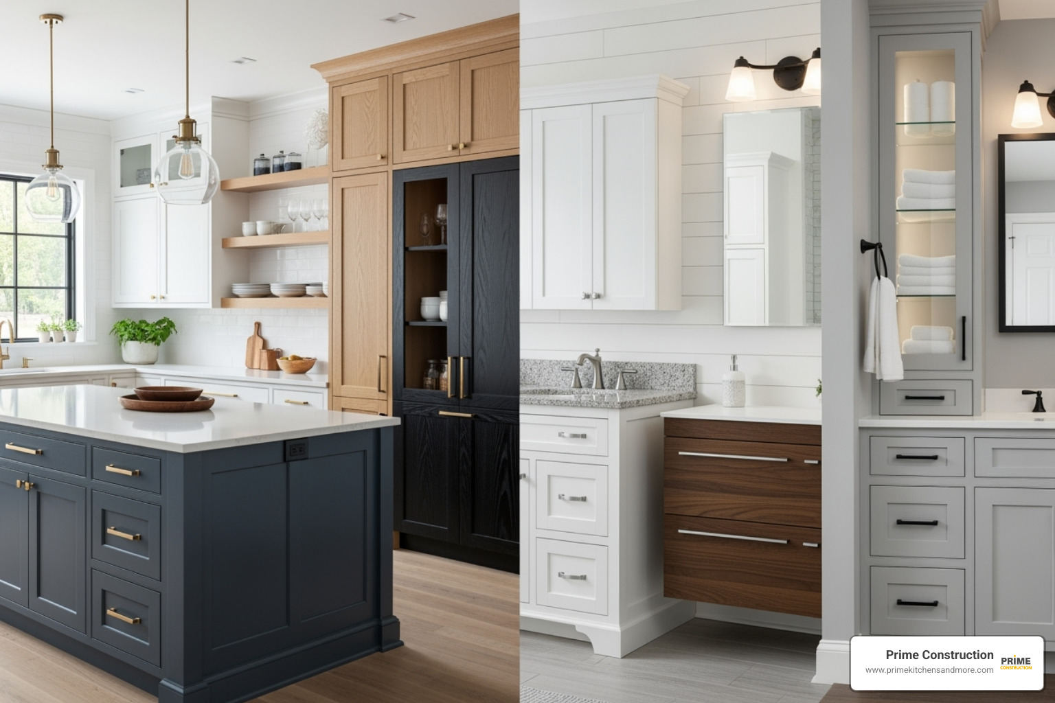 Variety of cabinet styles in a kitchen and bathroom setting, showcasing different finishes and hardware - cabinet installation Orlando FL