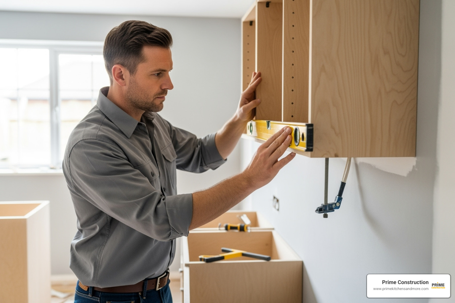 Professional installer carefully leveling a wall cabinet - cabinet installation Orlando FL