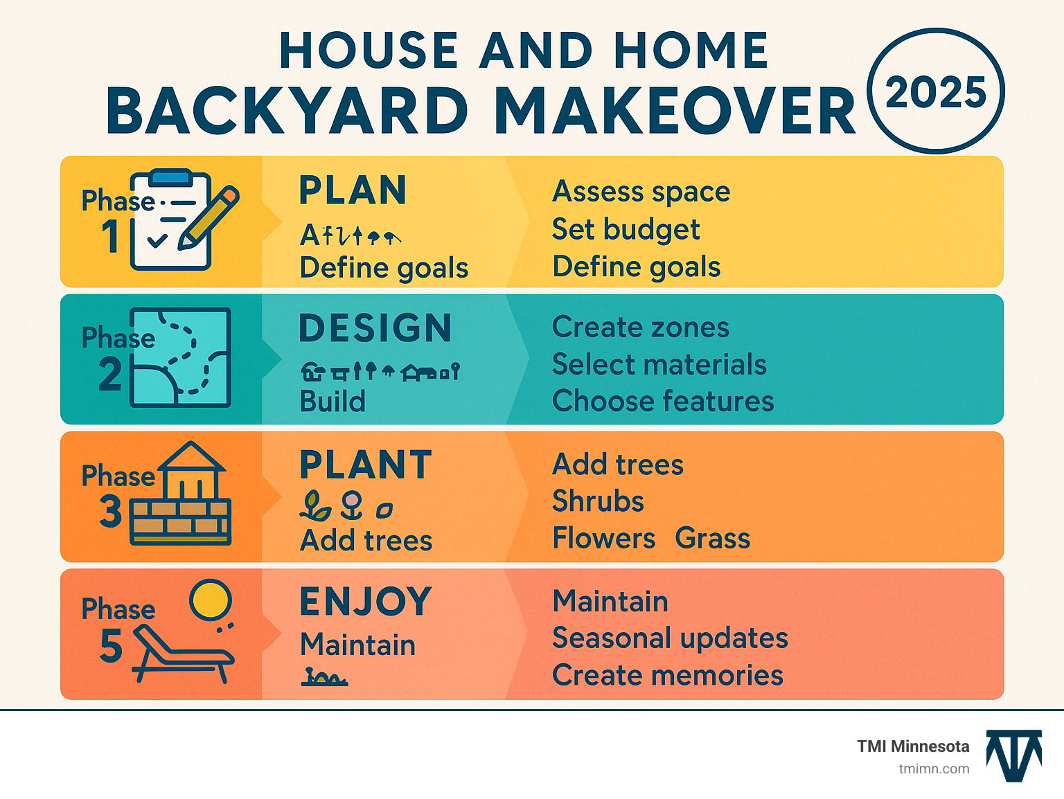 Infographic showing the 5 key phases of a backyard makeover: Phase 1 Plan (assess space, set budget, define goals), Phase 2 Design (create zones, select materials, choose features), Phase 3 Build (install hardscaping, structures, utilities), Phase 4 Plant (add trees, shrubs, flowers, grass), Phase 5 Enjoy (maintain, seasonal updates, create memories) - house and home backyard makeover infographic Infographic showing the 5 key phases of a backyard makeover: Phase 1 Plan (assess space, set budget, define goals), Phase 2 Design (create zones, select materials, choose features), Phase 3 Build (install hardscaping, structures, utilities), Phase 4 Plant (add trees, shrubs, flowers, grass), Phase 5 Enjoy (maintain, seasonal updates, create memories) - house and home backyard makeover infographic