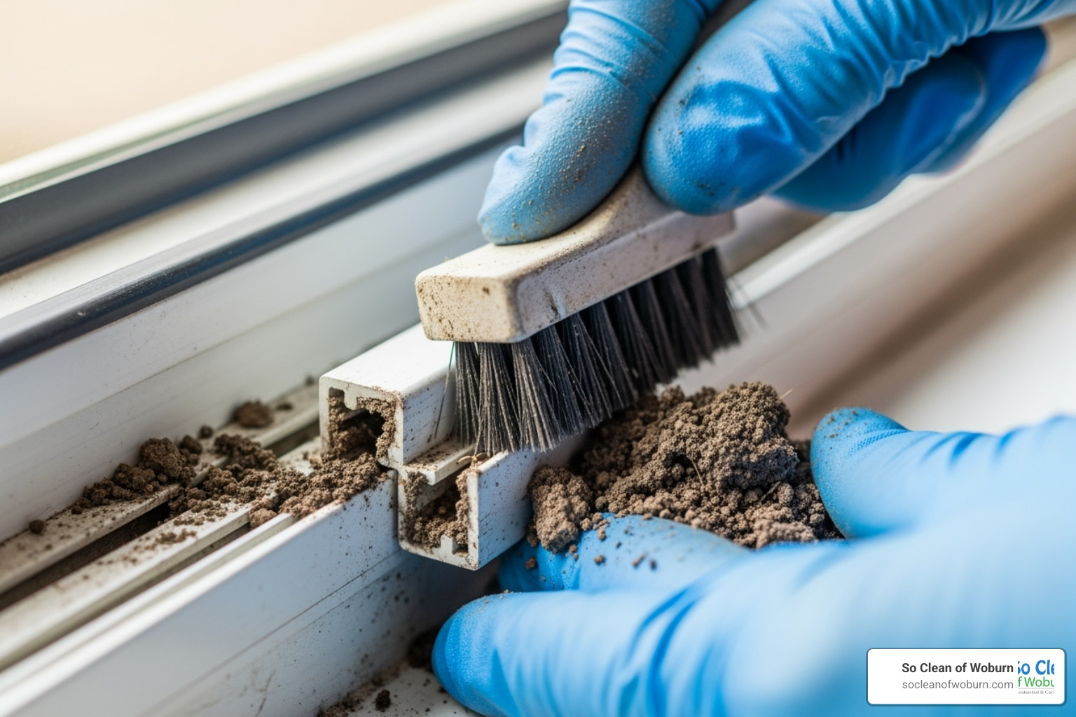 cleaner carefully cleaning window tracks - deep cleaning services