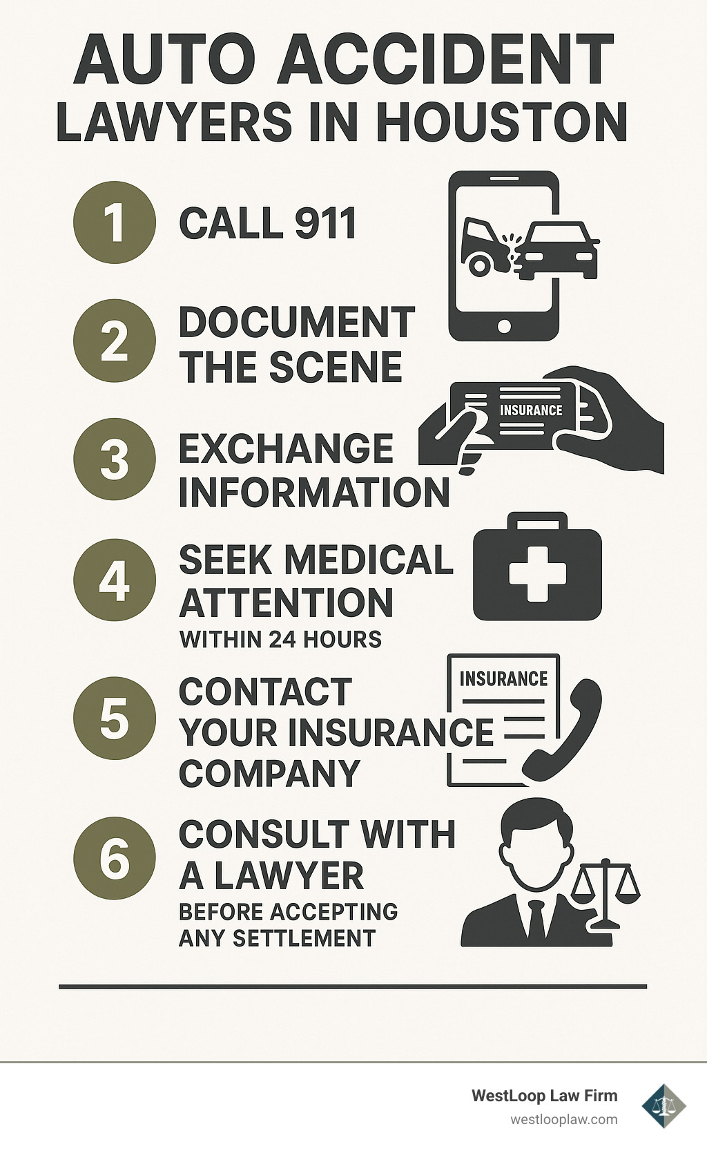 Infographic showing the immediate steps to take after a car accident in Houston, including calling 911, documenting the scene with photos, exchanging insurance information, seeking medical attention within 24 hours, contacting your insurance company, and consulting with a Houston auto accident lawyer before accepting any settlement offers - auto accident lawyers in houston infographic Infographic showing the immediate steps to take after a car accident in Houston, including calling 911, documenting the scene with photos, exchanging insurance information, seeking medical attention within 24 hours, contacting your insurance company, and consulting with a Houston auto accident lawyer before accepting any settlement offers - auto accident lawyers in houston infographic