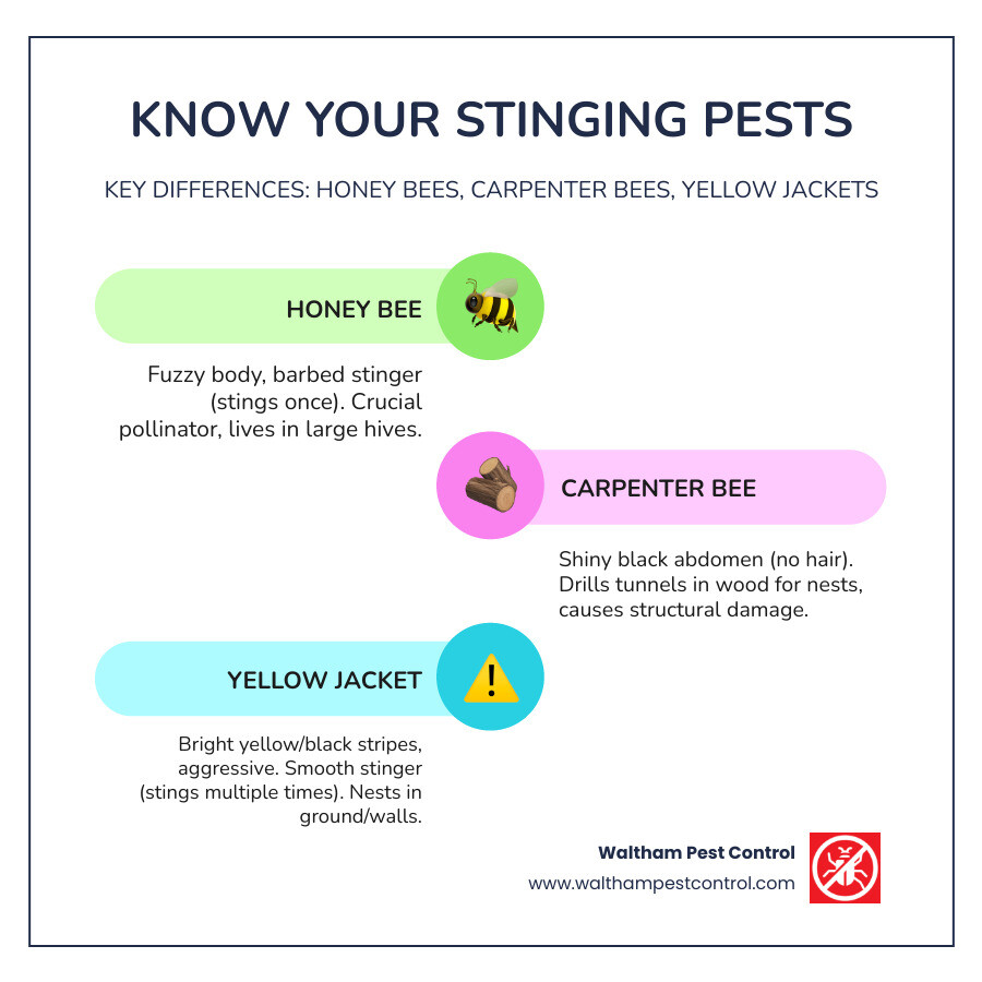 Infographic showing key differences between honey bees (fuzzy, rounded body, dies after stinging), carpenter bees (shiny black abdomen, hovers near wood), and yellow jackets (bright yellow stripes, aggressive, smooth stinger) with nest identification guide - bees pest control near me infographic infographic-line-3-steps-colors Infographic showing key differences between honey bees (fuzzy, rounded body, dies after stinging), carpenter bees (shiny black abdomen, hovers near wood), and yellow jackets (bright yellow stripes, aggressive, smooth stinger) with nest identification guide - bees pest control near me infographic infographic-line-3-steps-colors