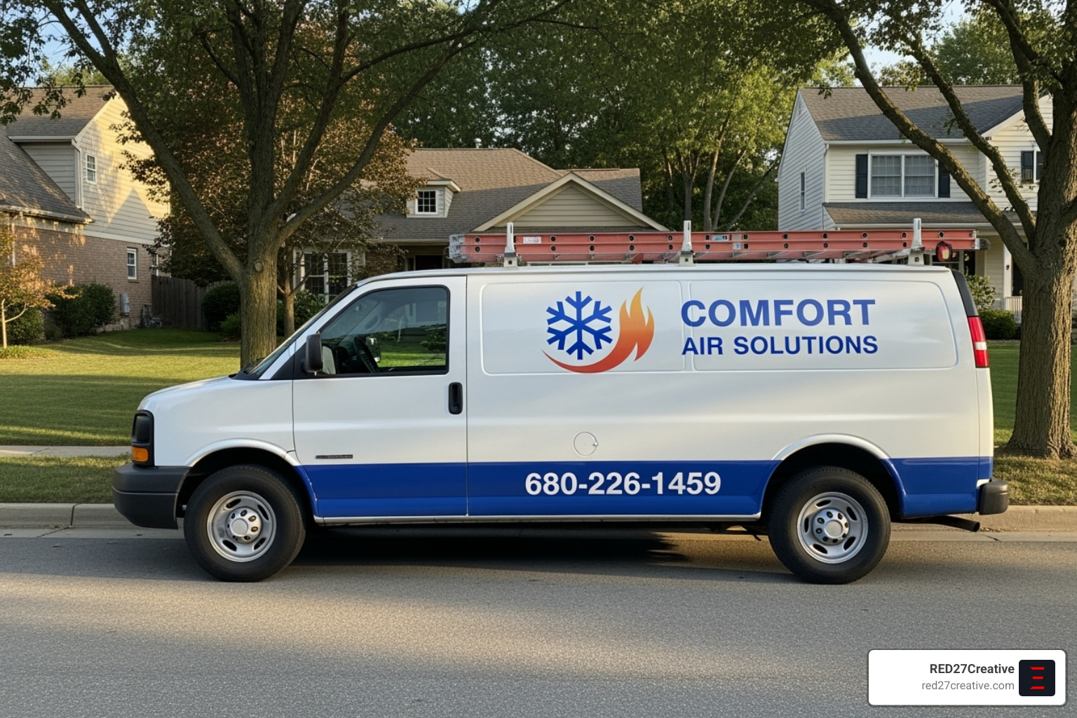 A professionally wrapped HVAC service van parked in a residential neighborhood - hvac branding A professionally wrapped HVAC service van parked in a residential neighborhood - hvac branding