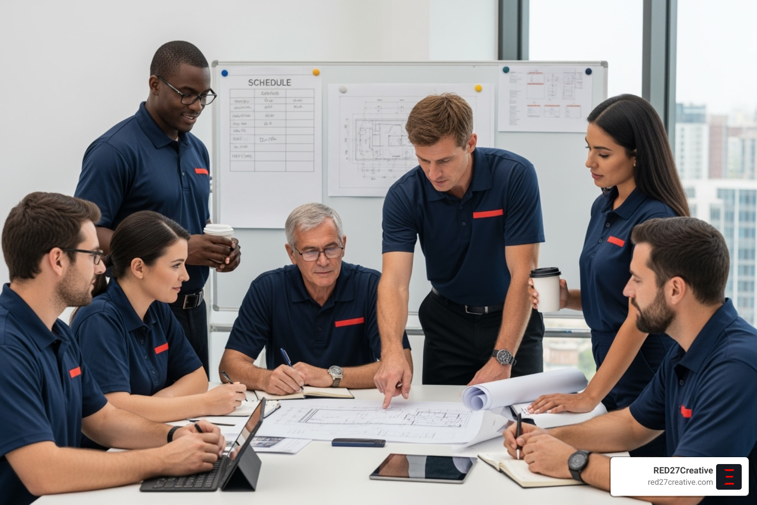 A diverse HVAC team collaborating during a morning meeting - hvac branding A diverse HVAC team collaborating during a morning meeting - hvac branding