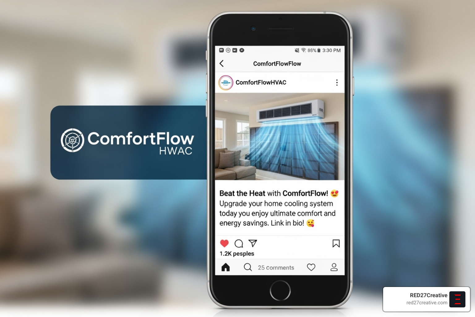 A branded HVAC social media post on a smartphone screen - hvac branding A branded HVAC social media post on a smartphone screen - hvac branding