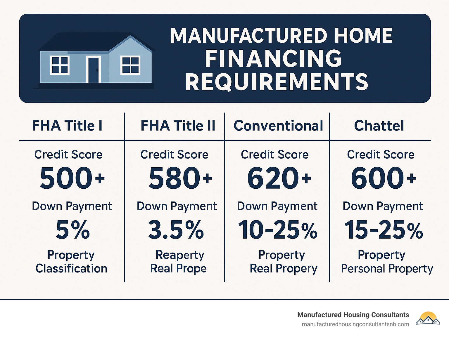 Infographic showing manufactured home financing requirements breakdown by loan type, including credit score minimums, down payment percentages, and property classification requirements for FHA Title I (500+ credit, 5% down, personal property), FHA Title II (580+ credit, 3.5% down, real property), conventional loans (620+ credit, 10-25% down, real property), and chattel loans (600+ credit, 15-25% down, personal property) - manufactured home financing requirements infographic 