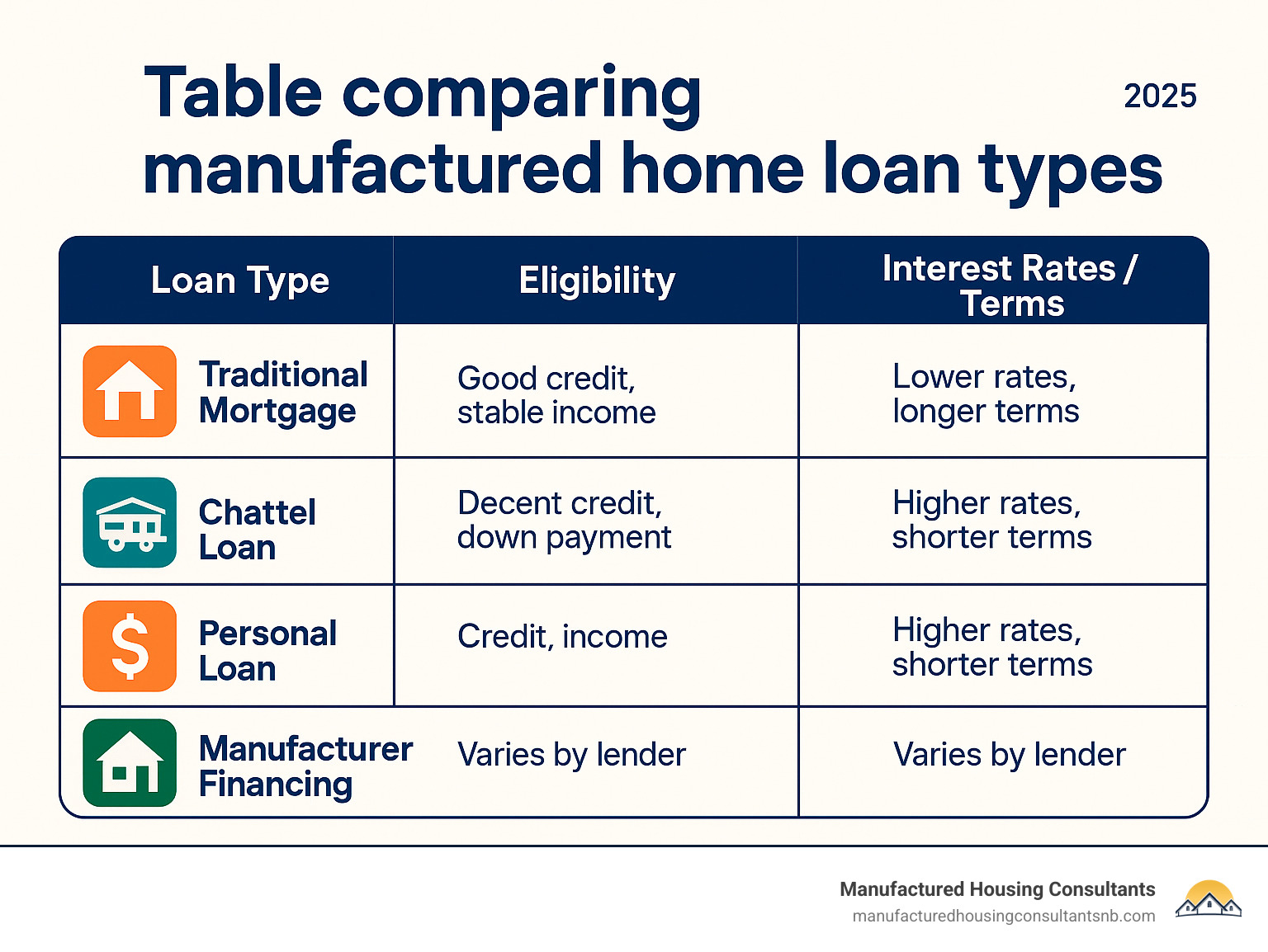 Table comparing manufactured home loan types - manufactured home financing requirements infographic 