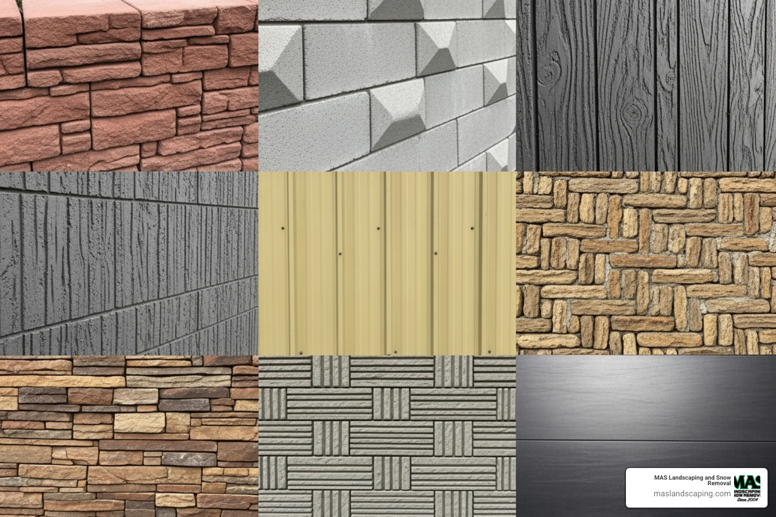 collage of different precast retaining wall types and textures - precast concrete retaining wall