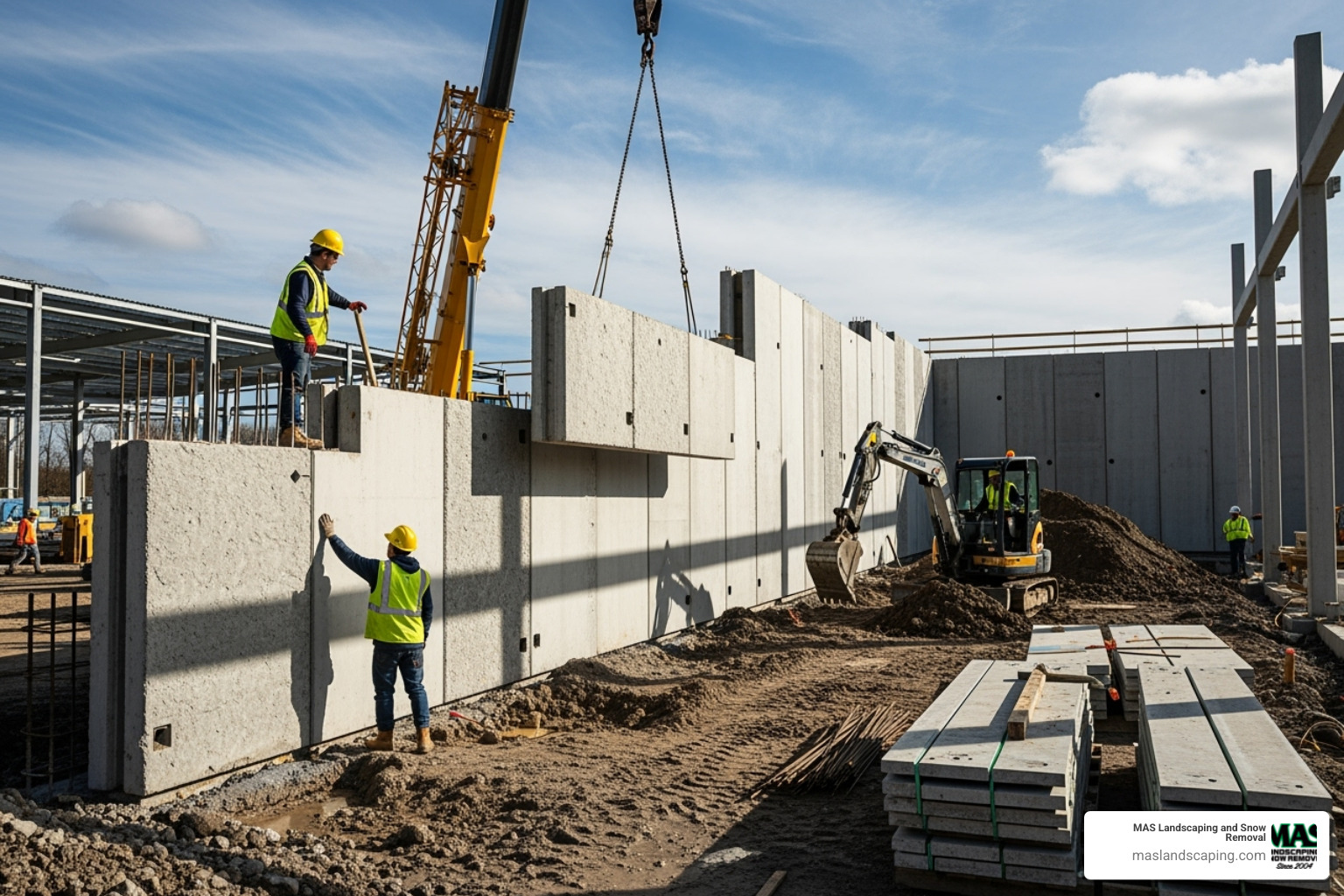 large-scale commercial precast retaining wall project under construction - precast concrete retaining wall