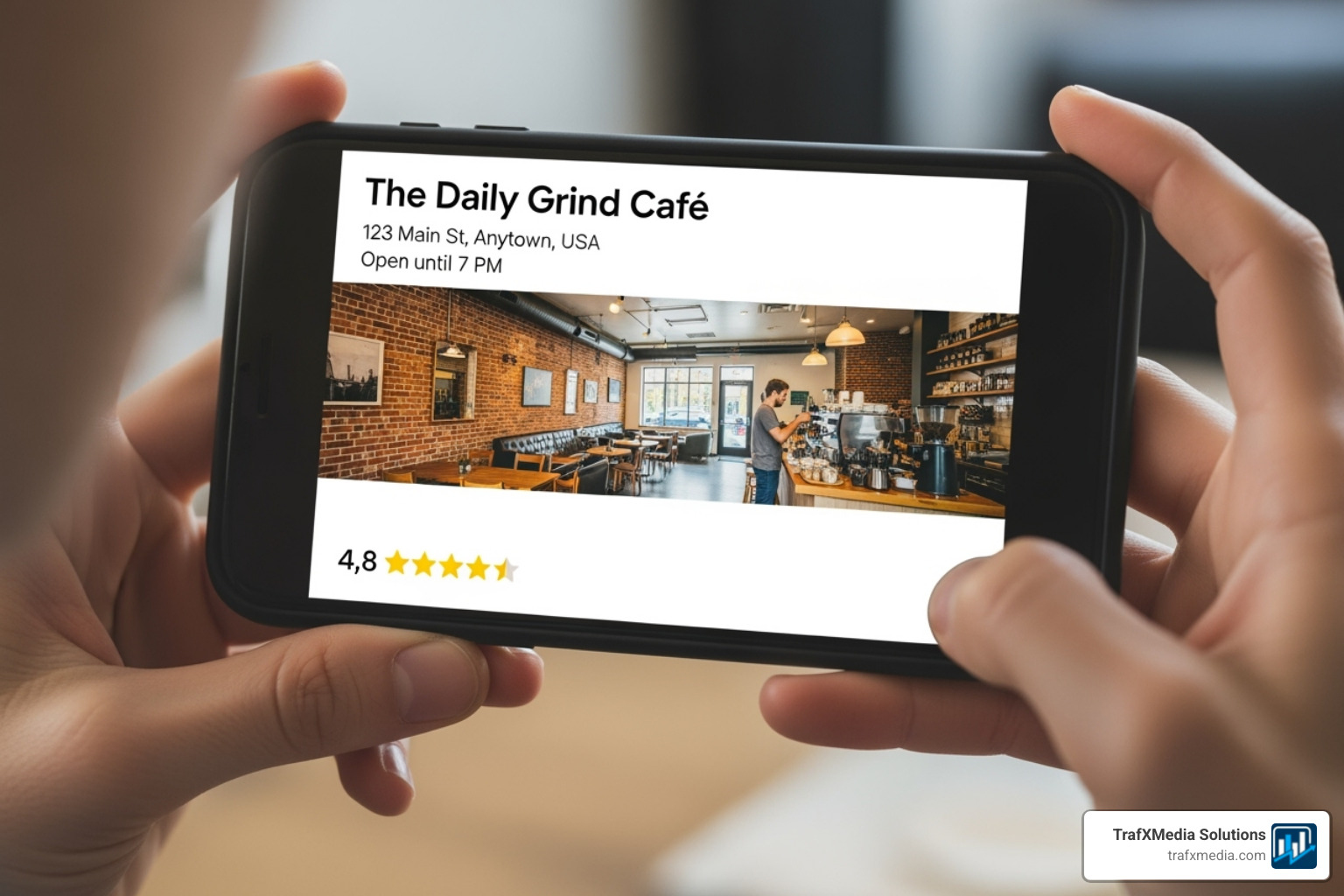 A person with light skin holding a smartphone, displaying a well-optimized Google Business Profile for a local cafe with its name, address, hours, photos, and star rating. - Local business ads