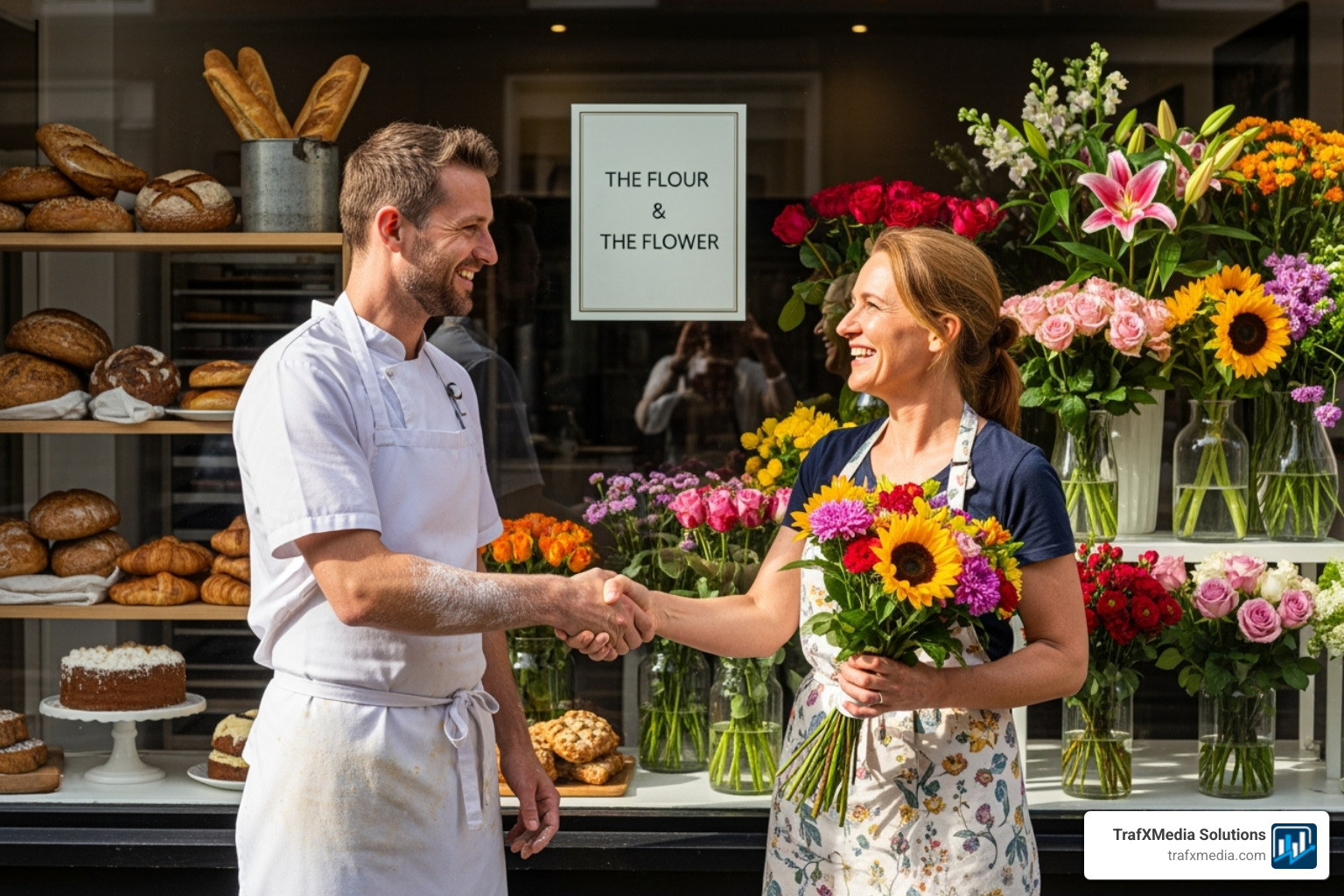 Two Caucasian small business owners, a male baker with an apron and a female florist holding flowers, shaking hands and smiling in front of a collaborative storefront display. - Local business ads