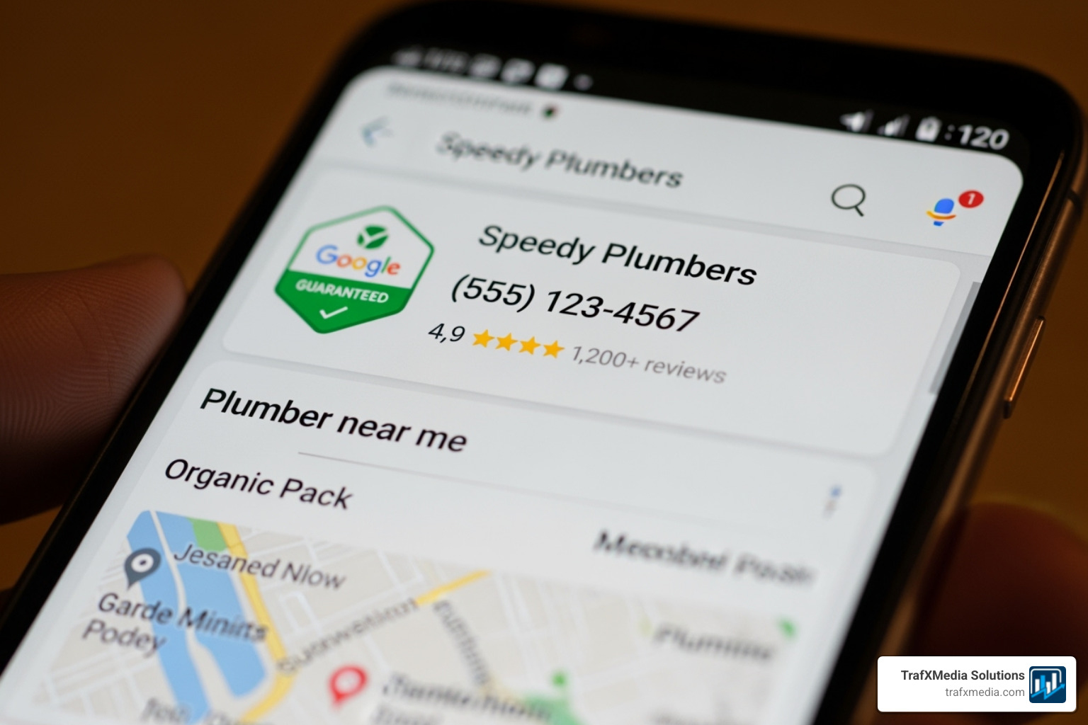 The "Google Guaranteed" trust badge displayed prominently next to a local plumber's ad on a search results page, with a phone number and star rating visible. - Local business ads