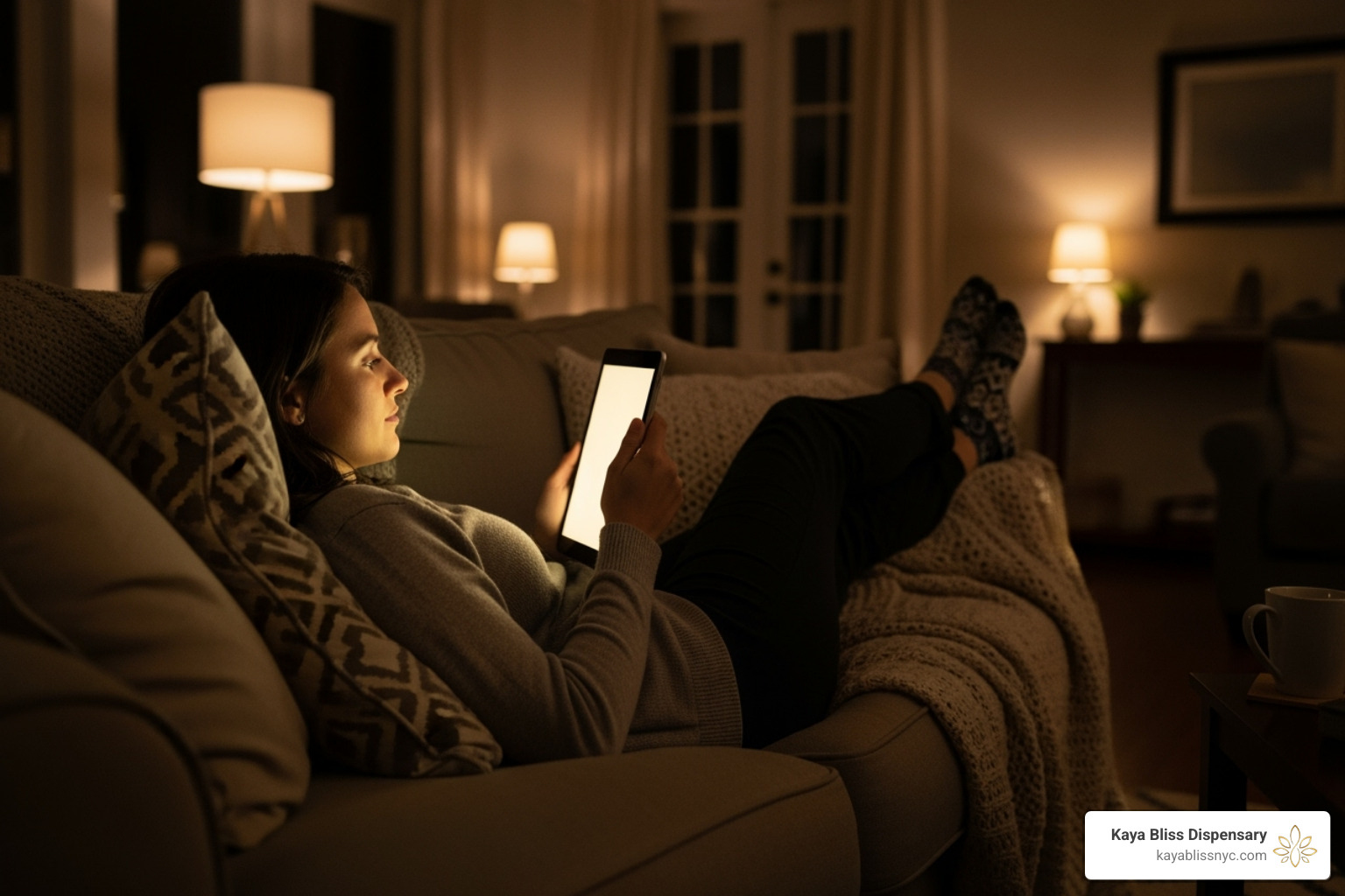 person relaxing on their couch at night, looking at a tablet - late night weed delivery