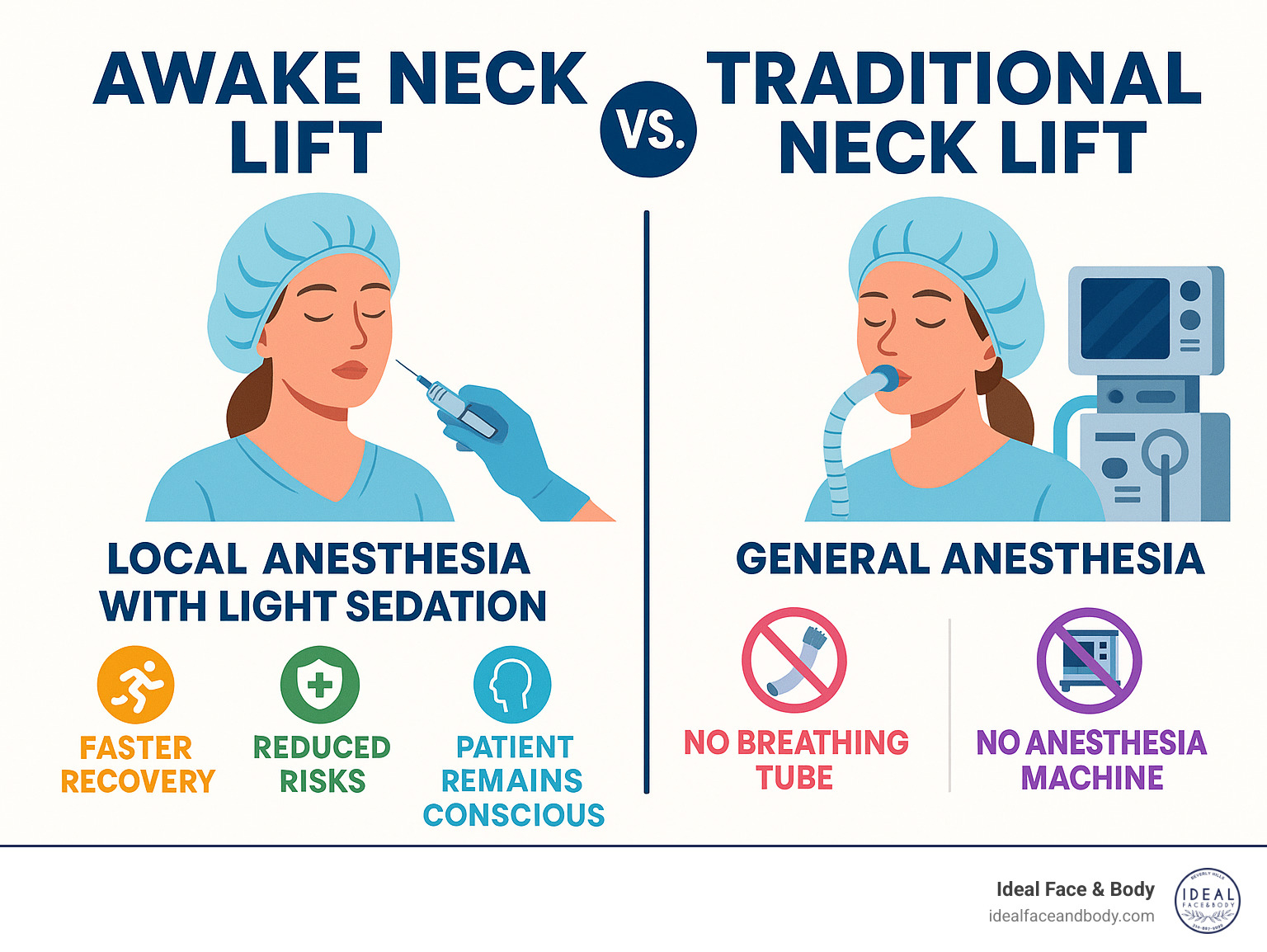 Infographic comparing awake neck lift using local anesthesia with light sedation versus traditional neck lift under general anesthesia, showing benefits like faster recovery, reduced risks, conscious patient participation, and elimination of breathing tubes and anesthesia machines - awake neck lift infographic 