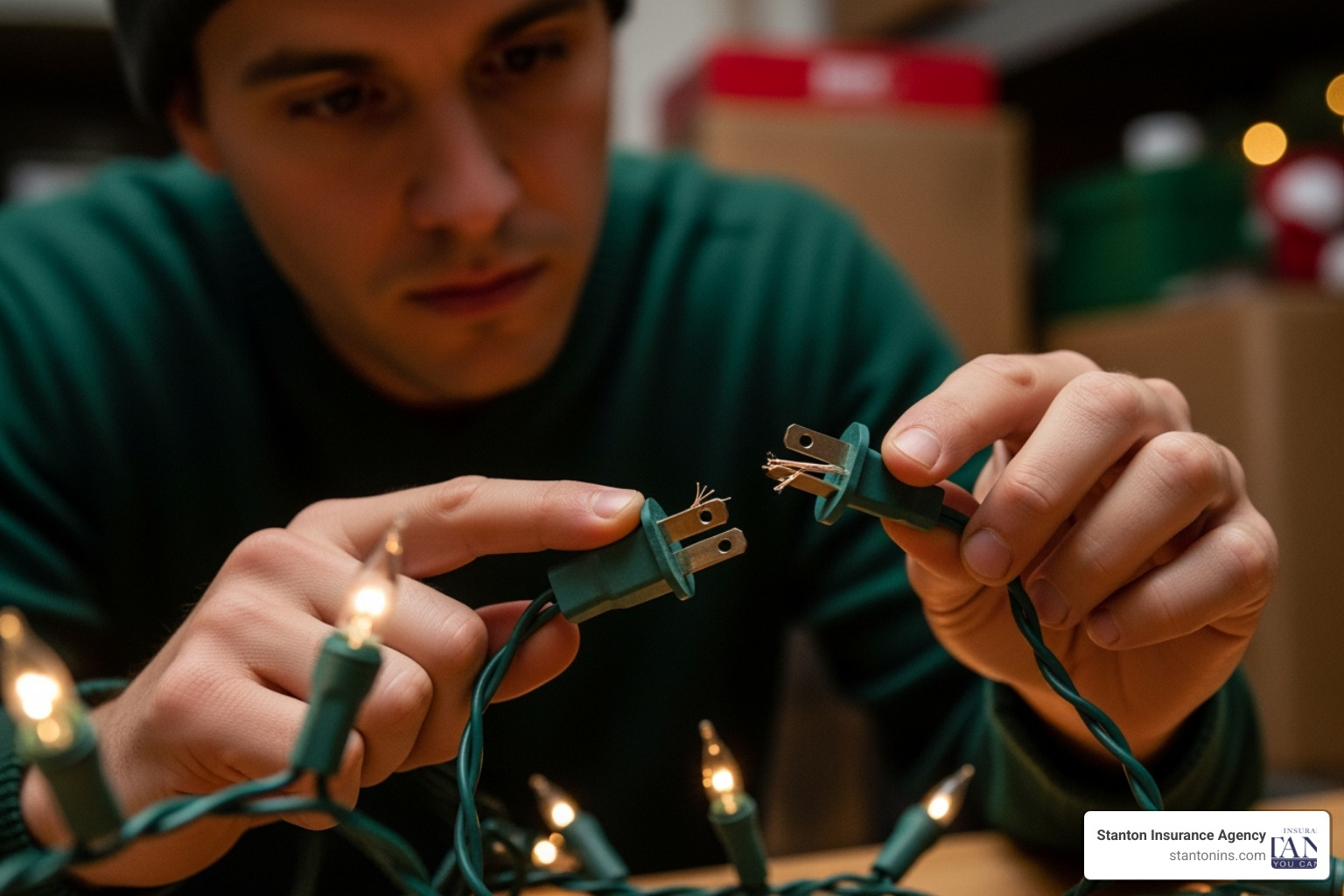 A person closely inspecting a string of holiday lights, checking the plug and wires. - Safe holiday lighting tips