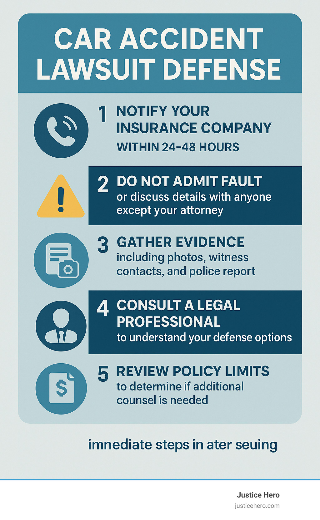 Infographic showing immediate steps after being sued for a car accident: Step 1 - Notify Your Insurance Company within 24-48 hours, Step 2 - Do Not Admit Fault or discuss details with anyone except your attorney, Step 3 - Gather Evidence including photos, witness contacts, and police reports, Step 4 - Consult a Legal Professional to understand your defense options, Step 5 - Review Policy Limits to determine if additional counsel is needed - car accident lawsuit defense infographic Infographic showing immediate steps after being sued for a car accident: Step 1 - Notify Your Insurance Company within 24-48 hours, Step 2 - Do Not Admit Fault or discuss details with anyone except your attorney, Step 3 - Gather Evidence including photos, witness contacts, and police reports, Step 4 - Consult a Legal Professional to understand your defense options, Step 5 - Review Policy Limits to determine if additional counsel is needed - car accident lawsuit defense infographic