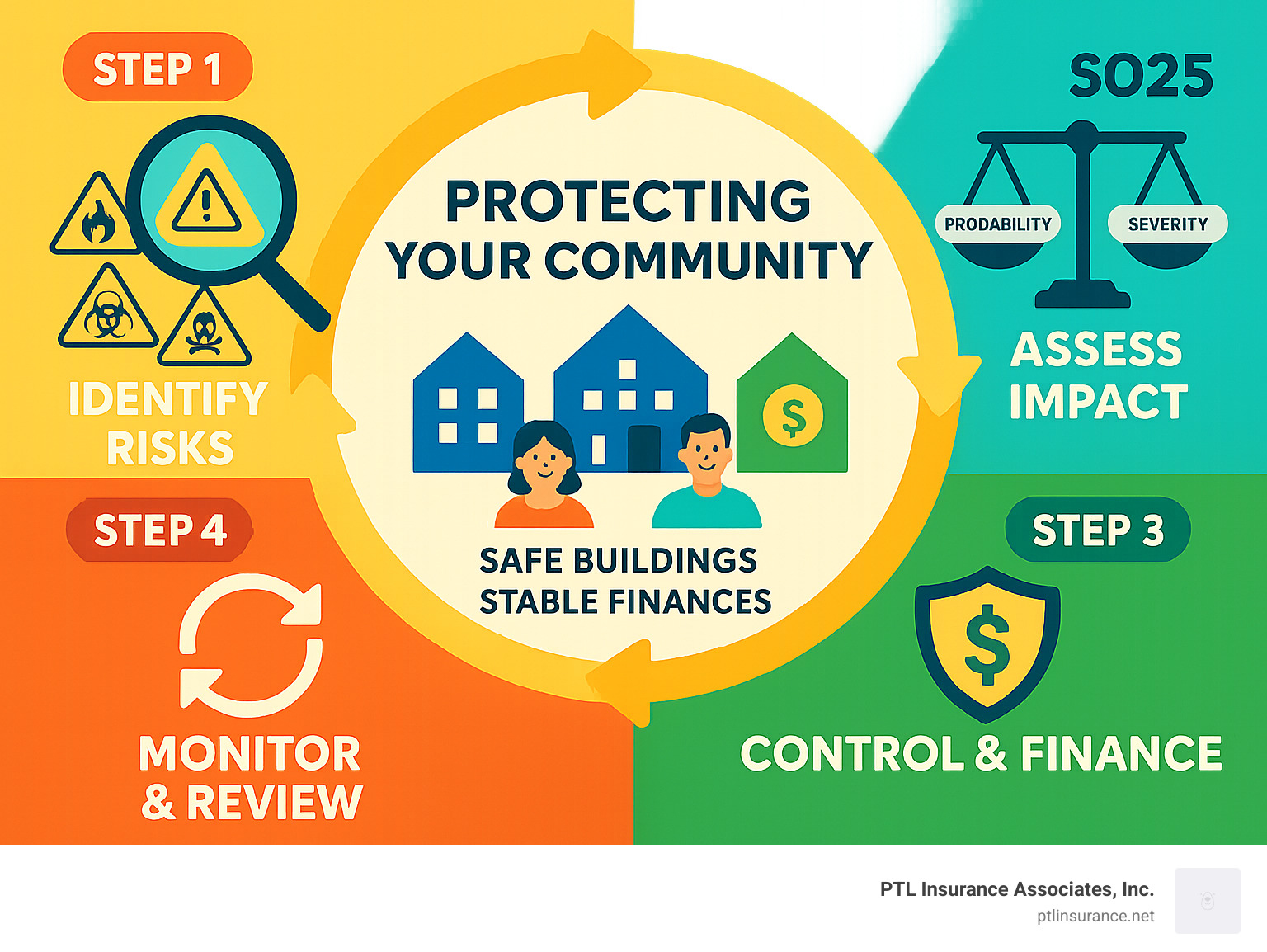 Infographic showing the continuous 4-step cycle of community association risk management: Step 1 - Identify Risks (magnifying glass icon over various hazard symbols), Step 2 - Assess Impact (scale weighing probability vs severity), Step 3 - Control & Finance (shield icon with dollar sign showing protection strategies), Step 4 - Monitor & Review (circular arrow indicating ongoing process). Center shows "Protecting Your Community" with icons representing safe buildings, happy residents, and stable finances.