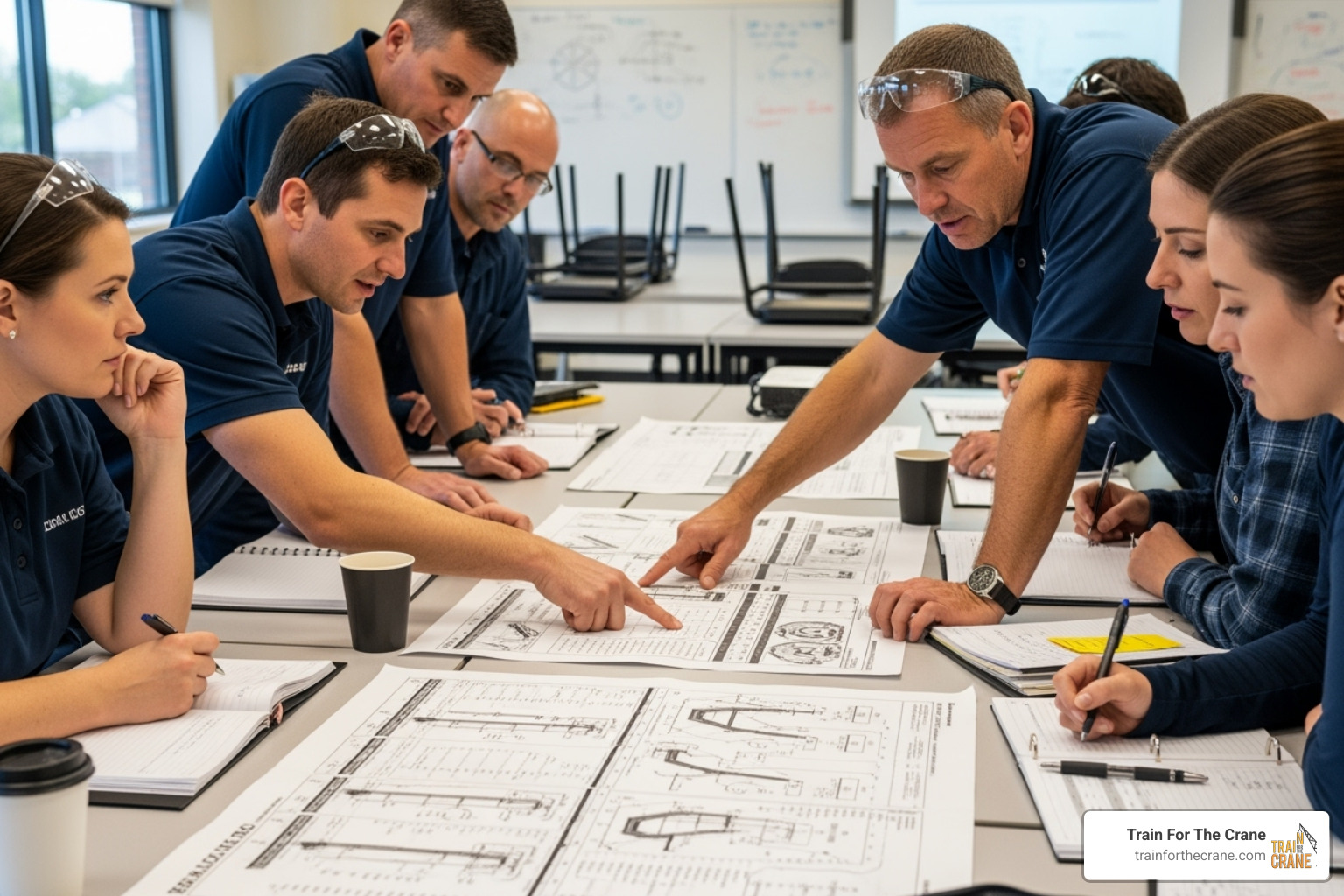 students in a classroom setting reviewing crane load charts - crane operator certification cost