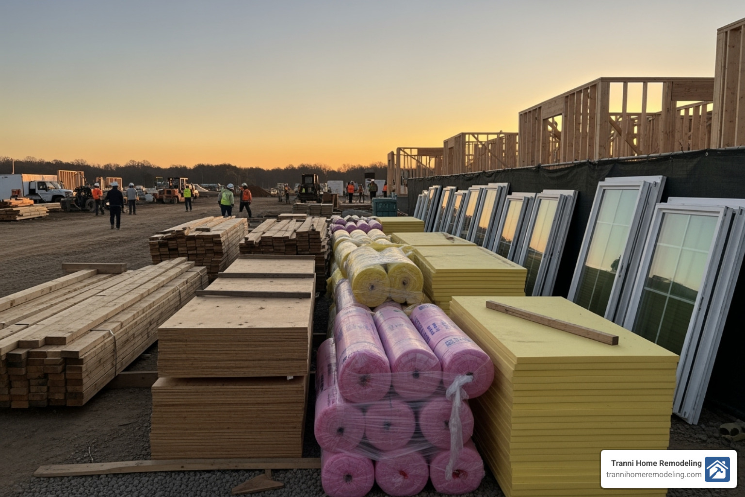 Construction materials like lumber, insulation, and windows, stacked on a building site - second floor addition contractors Construction materials like lumber, insulation, and windows, stacked on a building site - second floor addition contractors