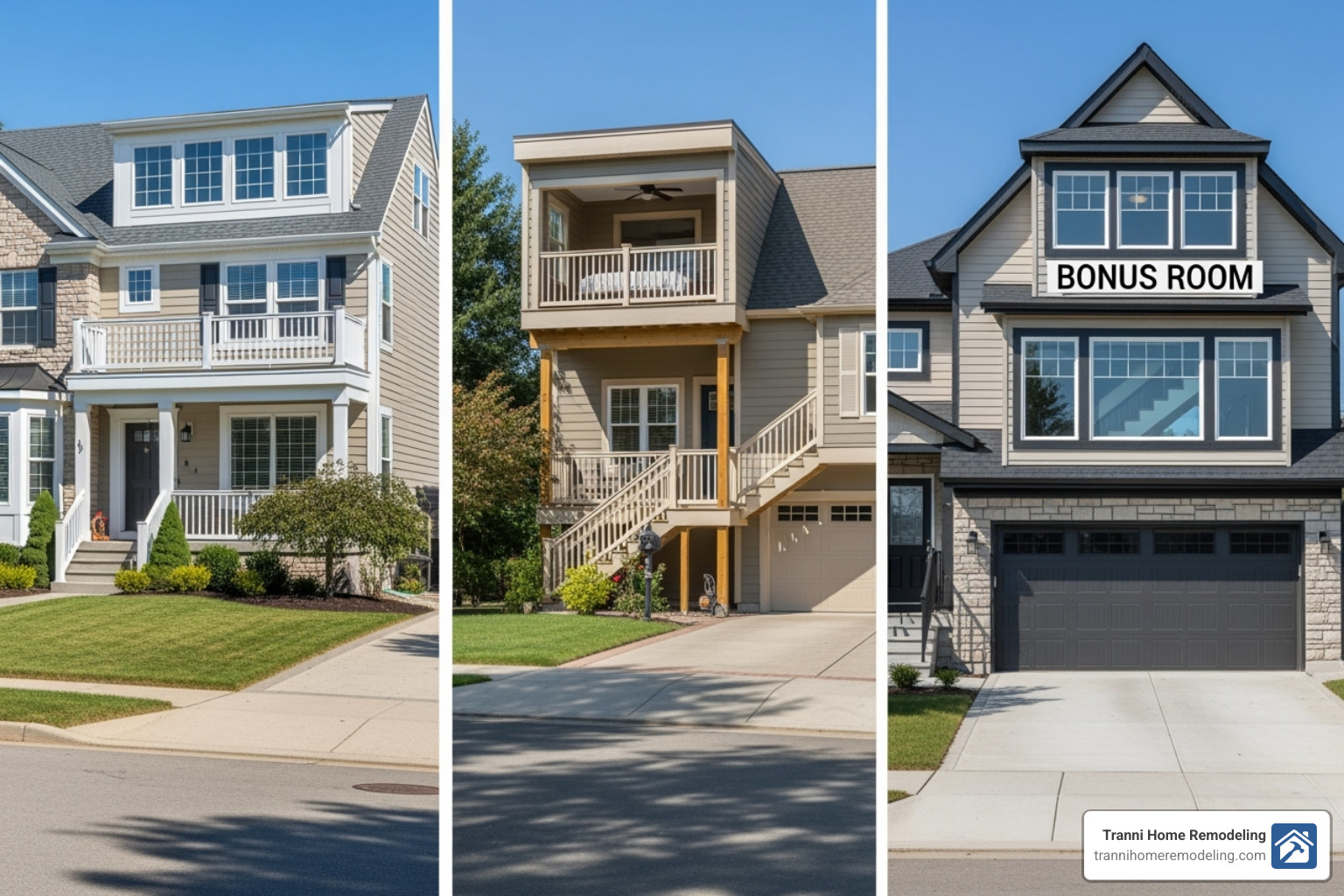 Different types of second-story additions, including a full second story, a partial addition over part of the house, and a bonus room built over an existing garage - second floor addition contractors Different types of second-story additions, including a full second story, a partial addition over part of the house, and a bonus room built over an existing garage - second floor addition contractors