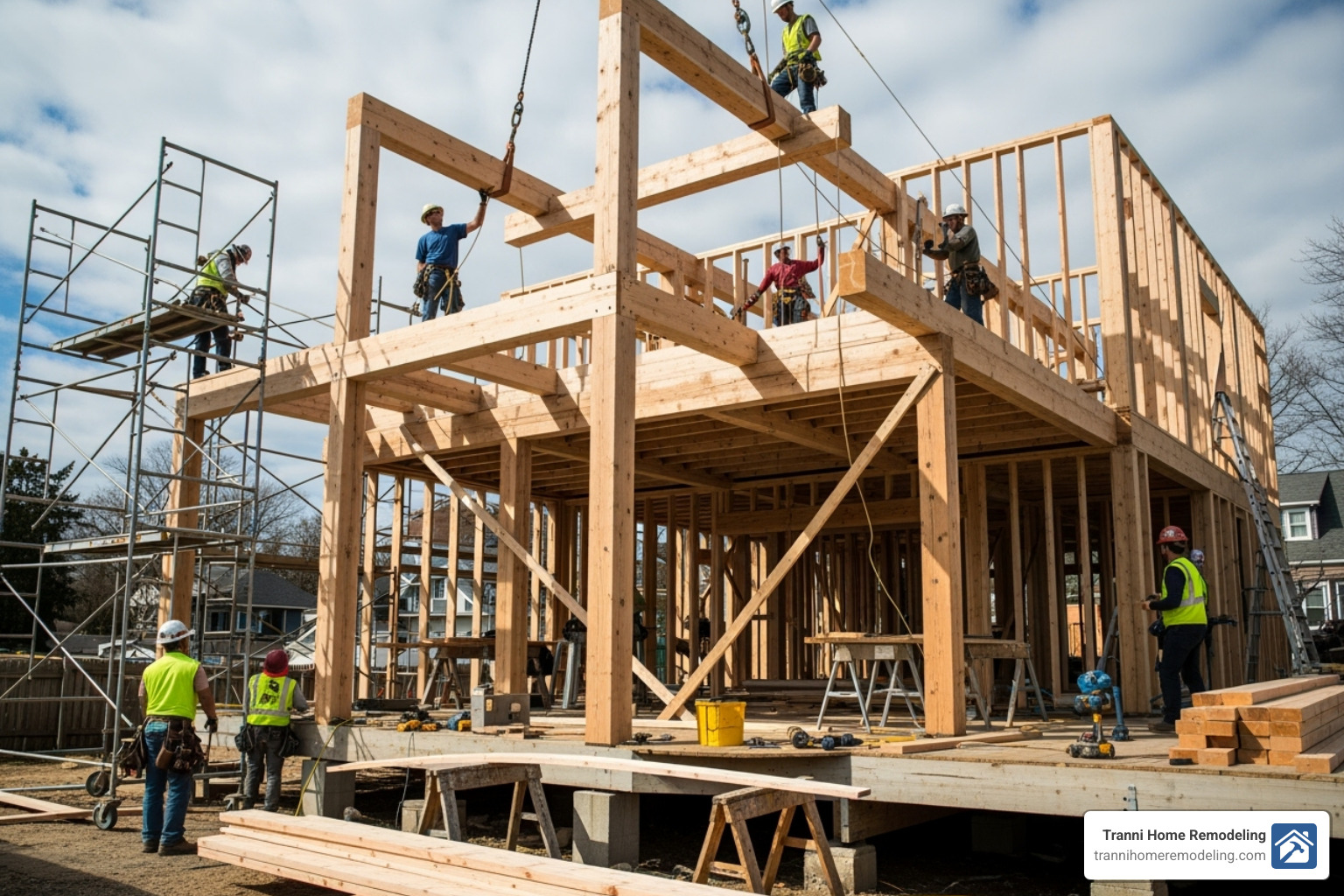 Structural framing of a home with new construction being added to the top, showing reinforced beams and columns - second floor addition contractors Structural framing of a home with new construction being added to the top, showing reinforced beams and columns - second floor addition contractors