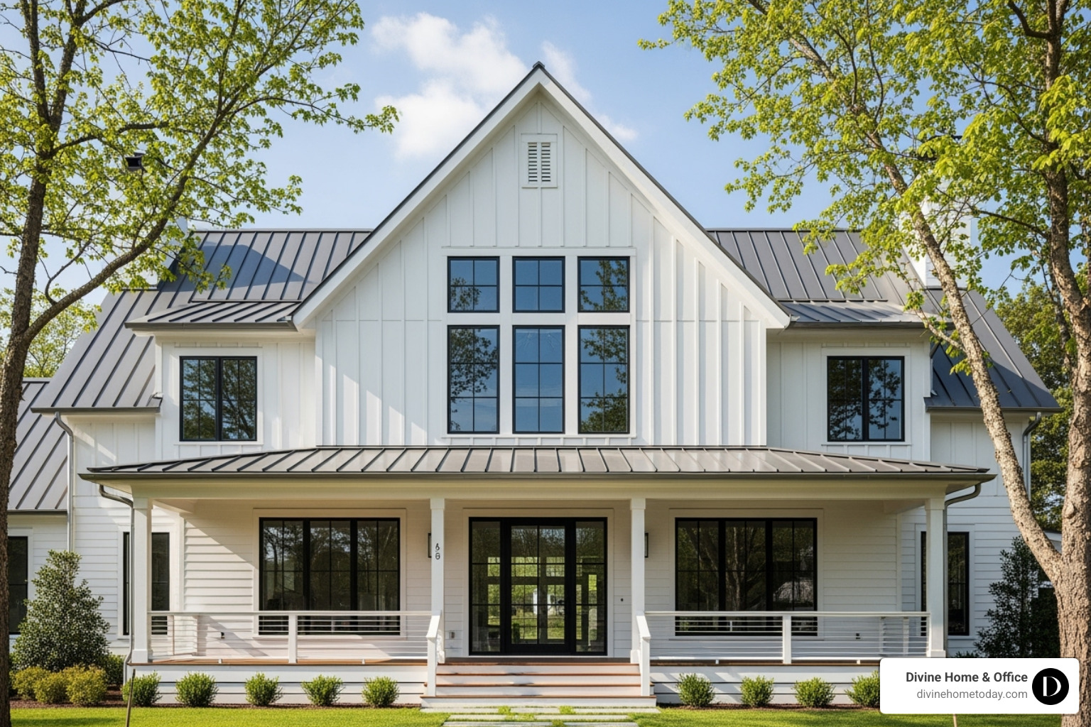 of a modern farmhouse exterior showcasing a gabled roof and large windows - Denver modern farmhouse
