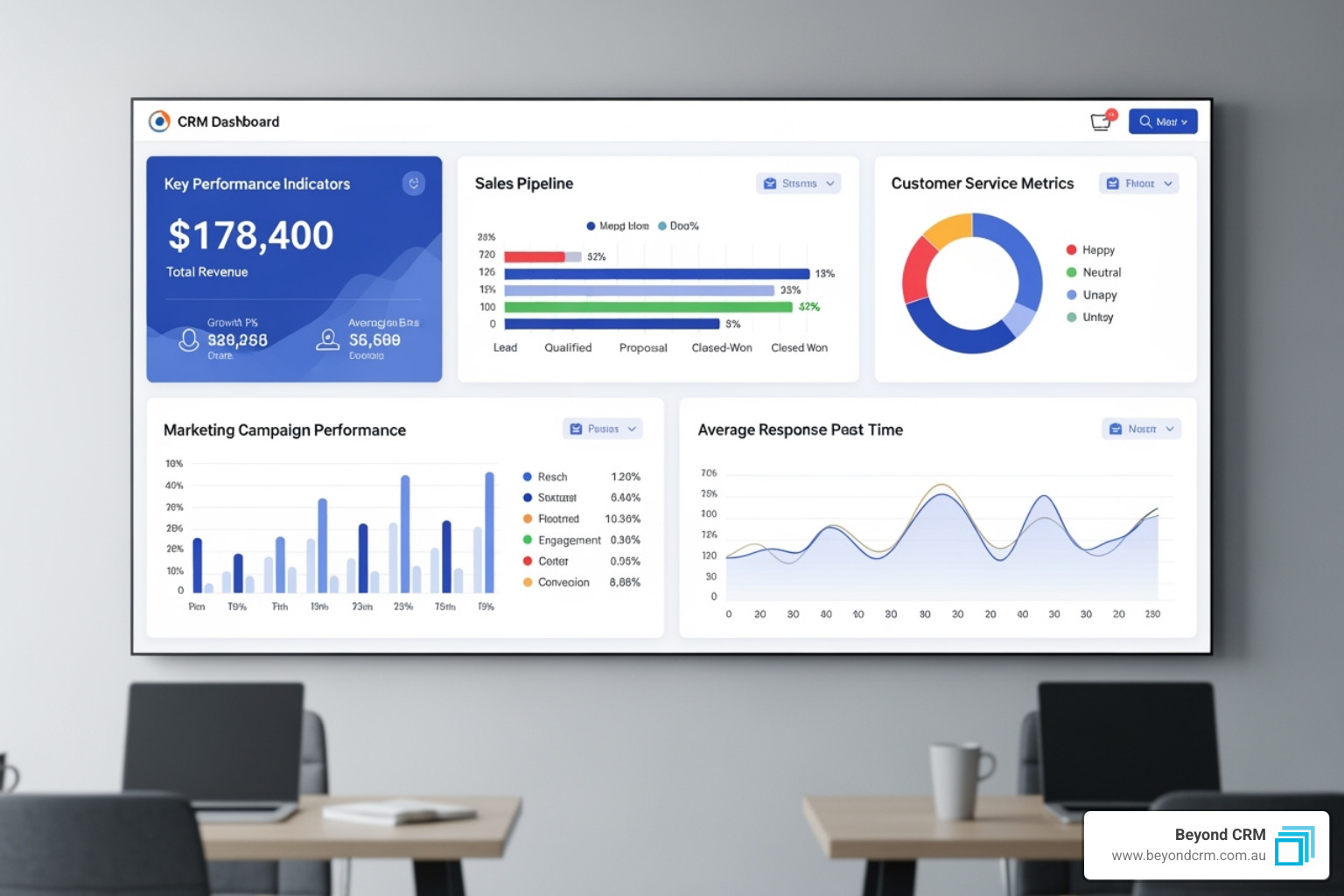 A sleek CRM dashboard displaying key performance indicators, sales pipeline, customer service metrics, and marketing campaign performance, with clear visualisations and data points - crm checklist