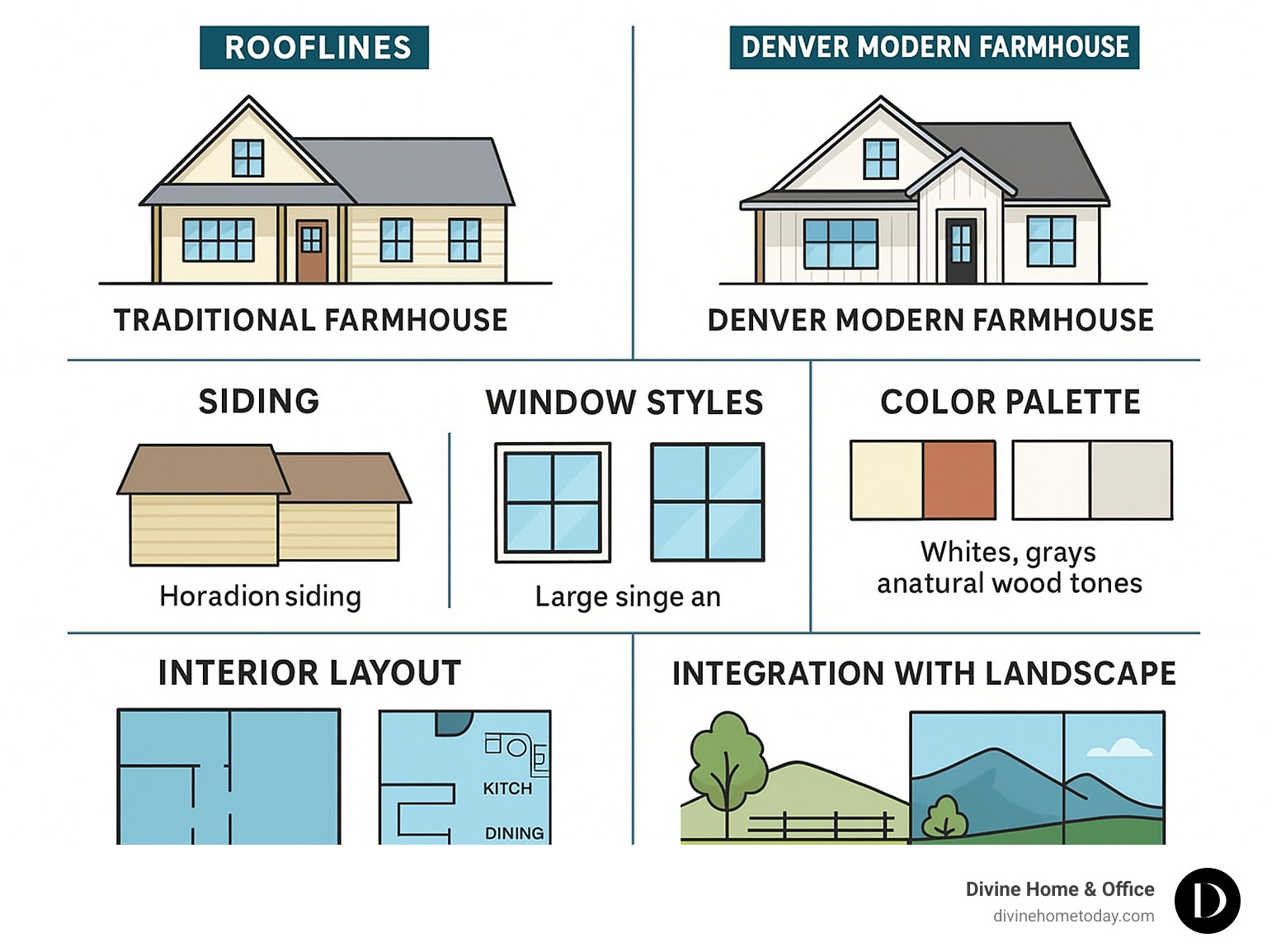 Infographic showing the key differences between traditional farmhouse and Denver modern farmhouse styles, including architectural elements like rooflines, siding materials, window styles, color palettes, interior layouts, and integration with Colorado's landscape - Denver modern farmhouse infographic 