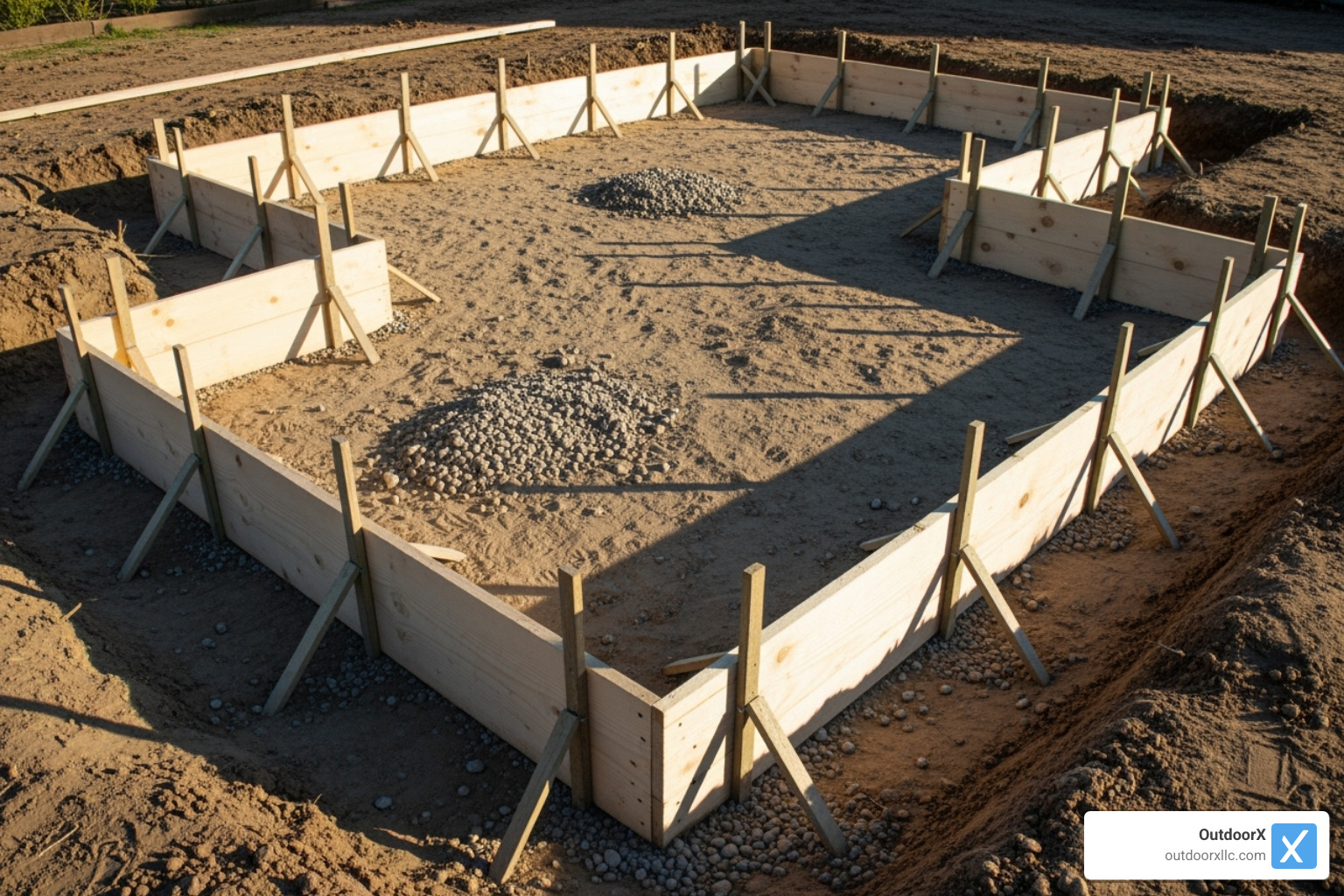 wooden forms staked securely in place, ready for the concrete pour - concrete patio installation