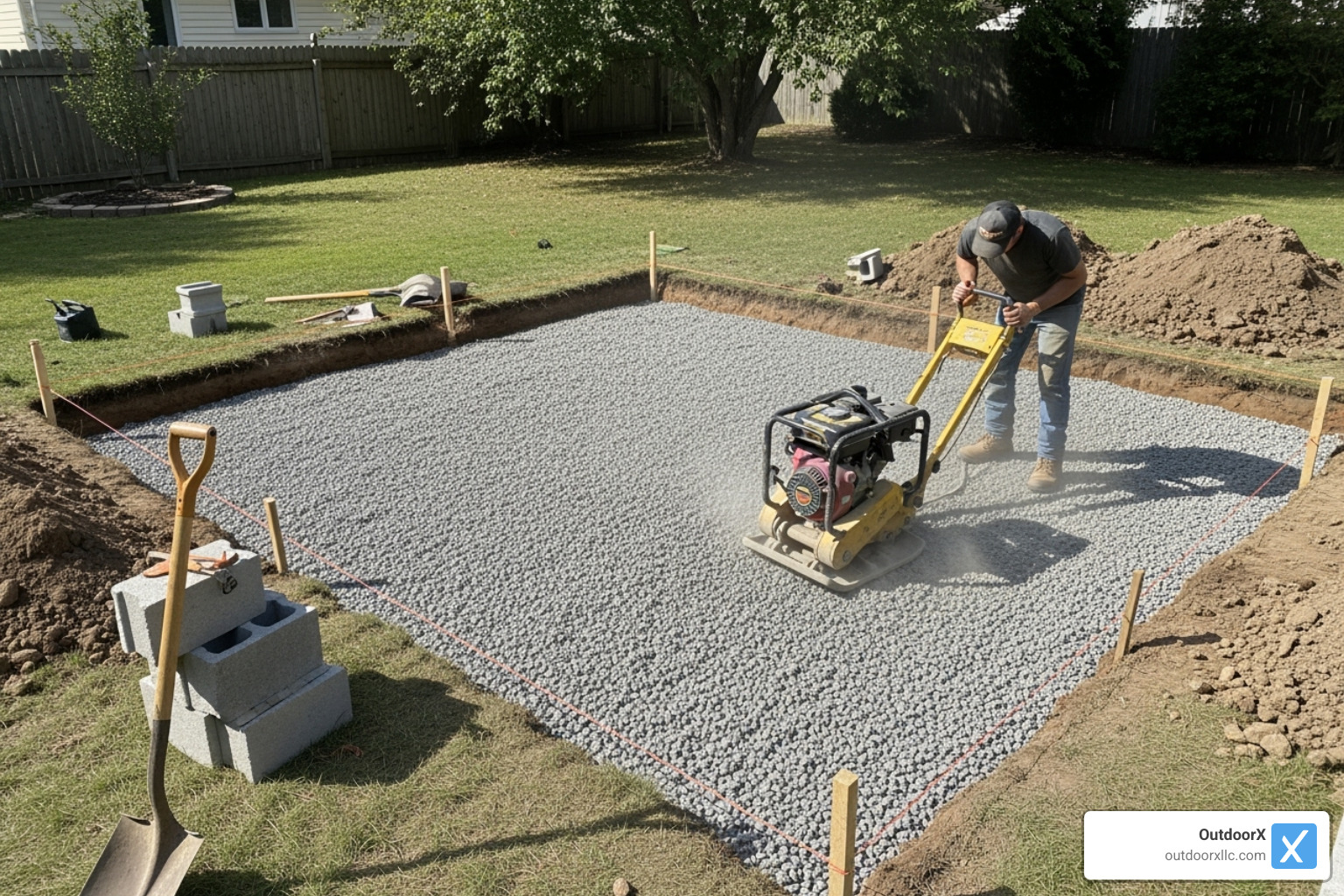 marked-out and excavated area with a gravel subbase being compacted - concrete patio installation