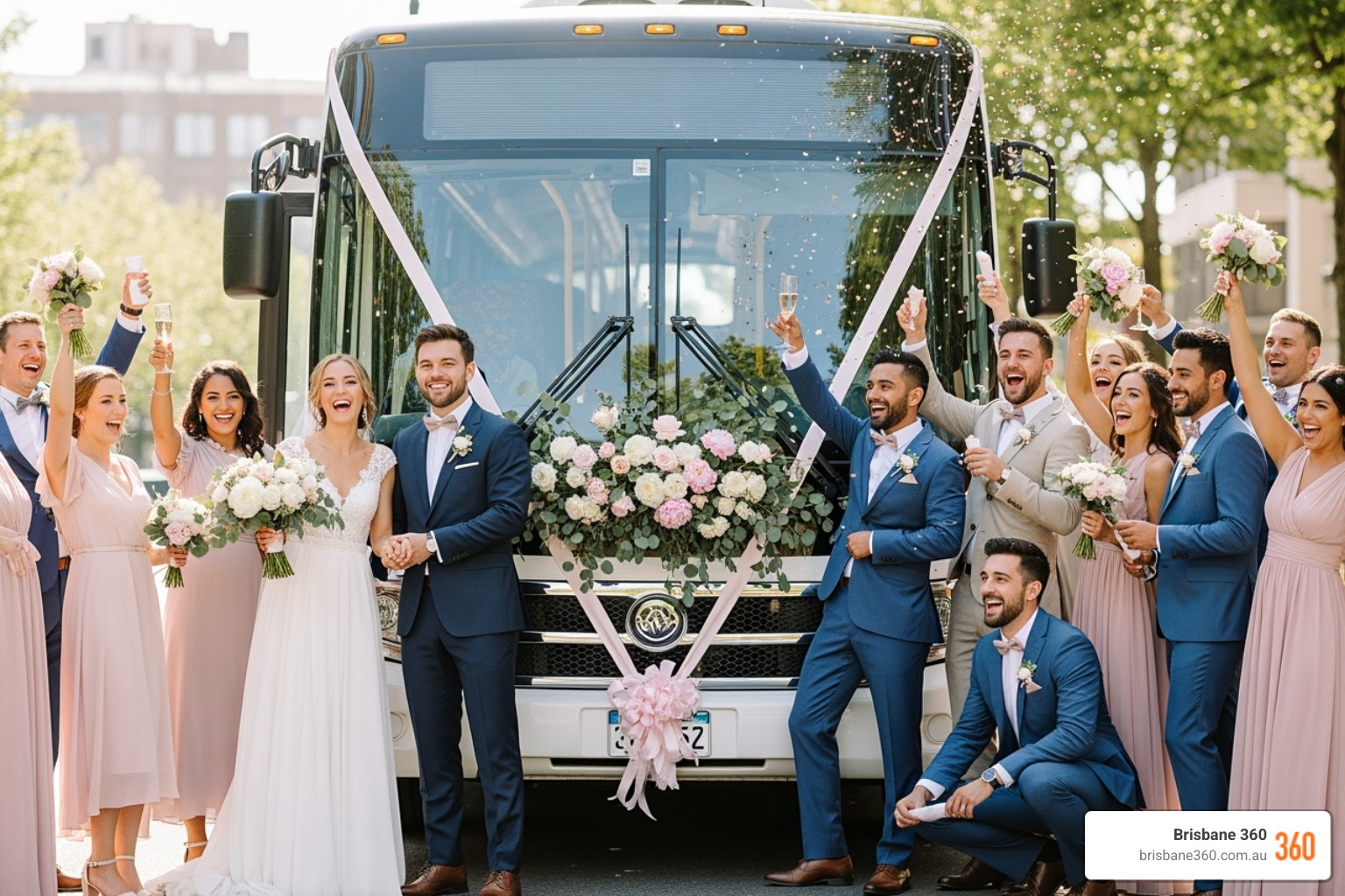 happy wedding party with decorated bus - passenger bus rental near me