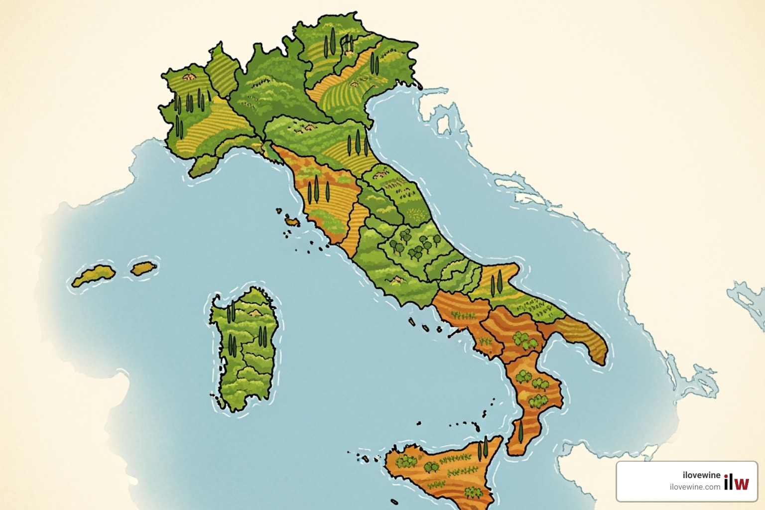 Map of Italy highlighting key wine regions - wine pairing guide Map of Italy highlighting key wine regions - wine pairing guide
