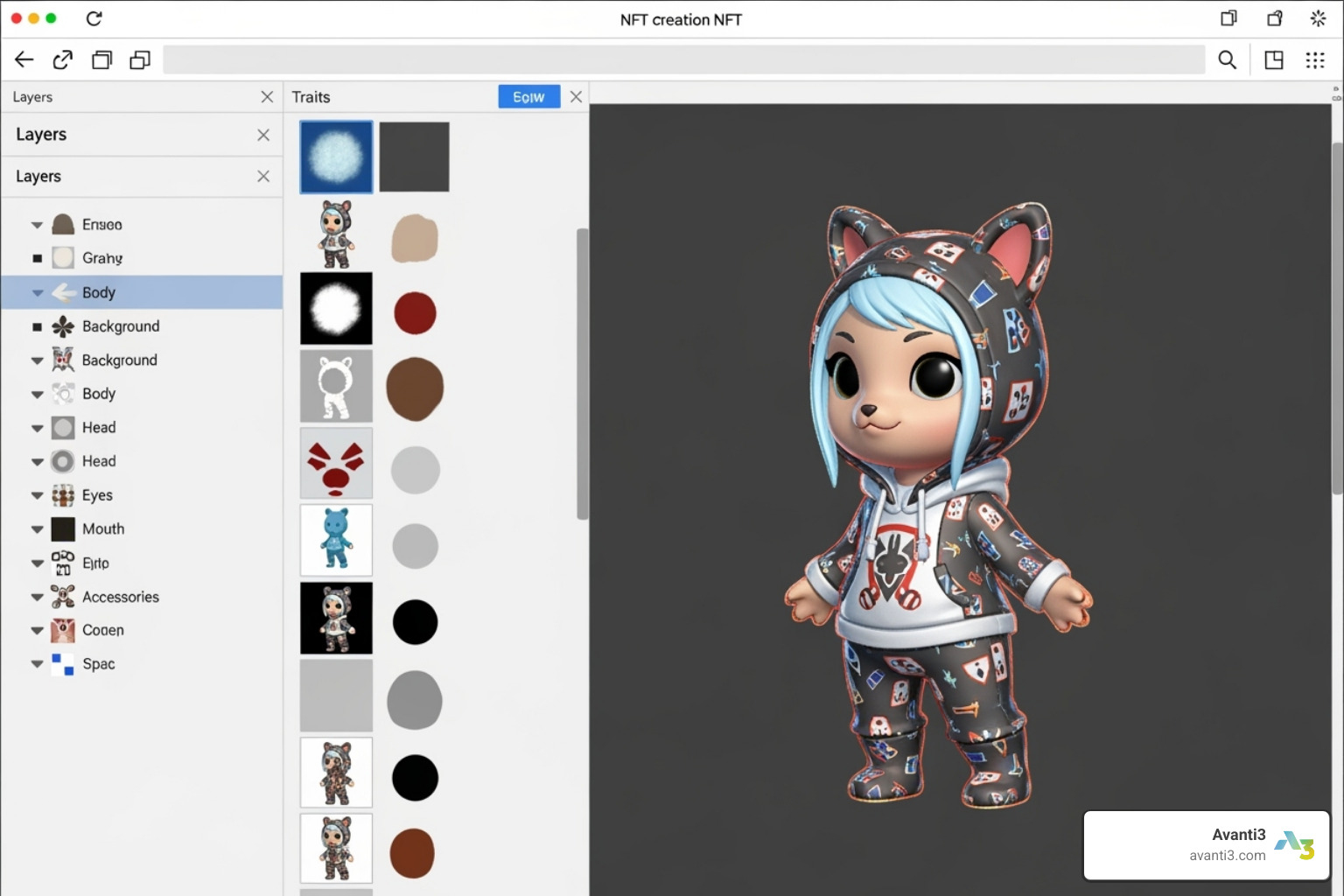 User interface of an NFT creation tool with layers and preview - NFT for creators