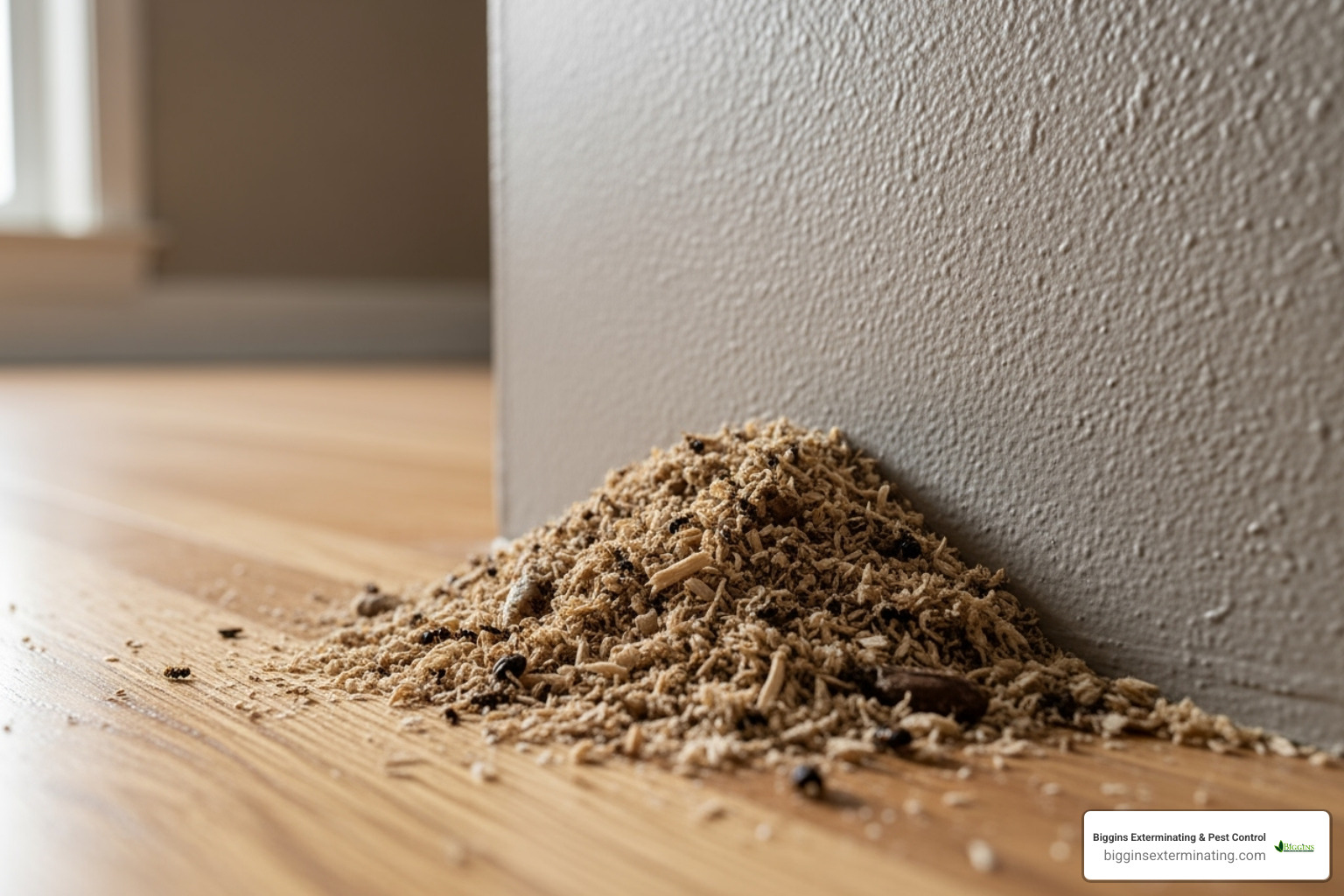 Frass (sawdust-like shavings) near a wall base - exterminate carpenter ants