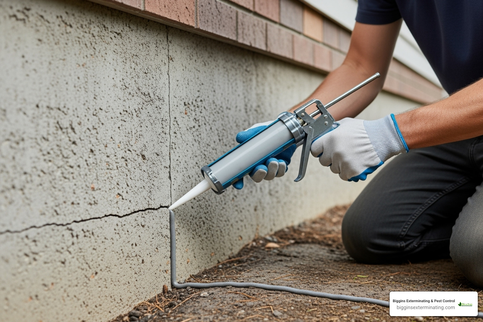 Homeowner sealing a crack in their foundation - exterminate carpenter ants