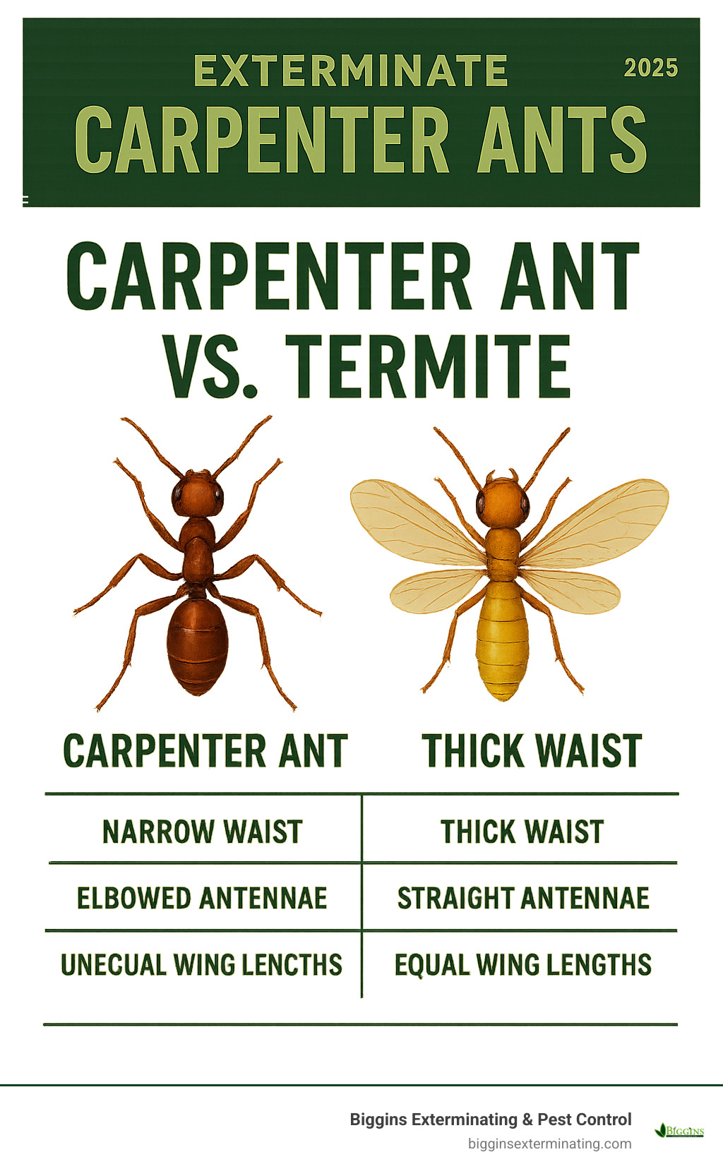 Infographic showing side-by-side comparison of carpenter ant versus termite, highlighting key differences: carpenter ants have narrow waist, elbowed antennae, and unequal wing lengths, while termites have thick waist, straight antennae, and equal wing lengths - exterminate carpenter ants infographic 