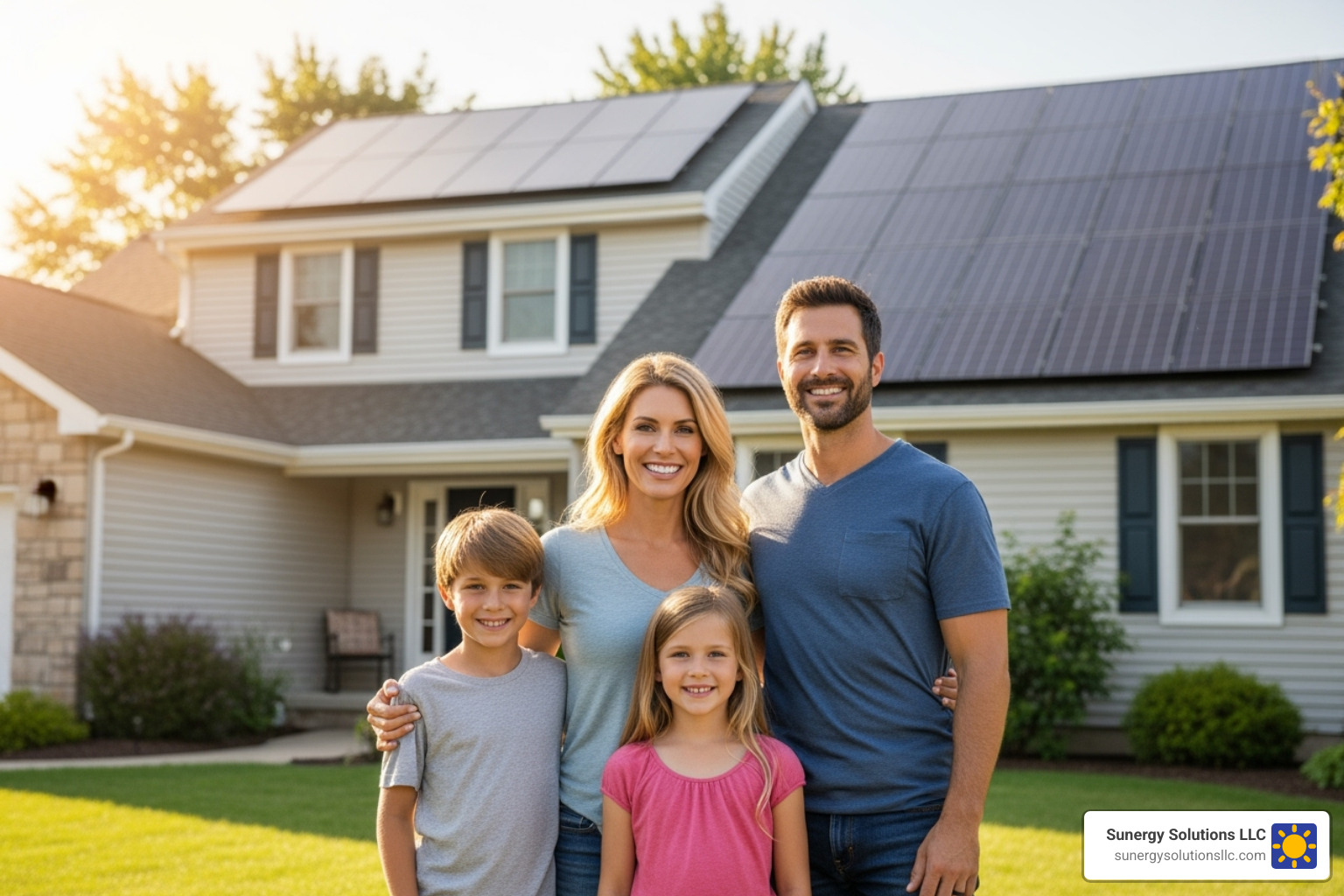 Happy family standing in the yard of their American home, with their new solar roof visible in the background, smiling and looking proud - best solar panel roofing