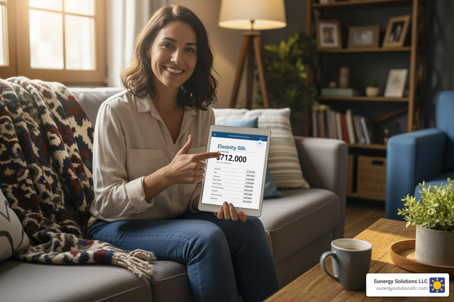 Homeowner reviewing their significantly lower electricity bill on a tablet, smiling, in their American living room - best solar panel roofing