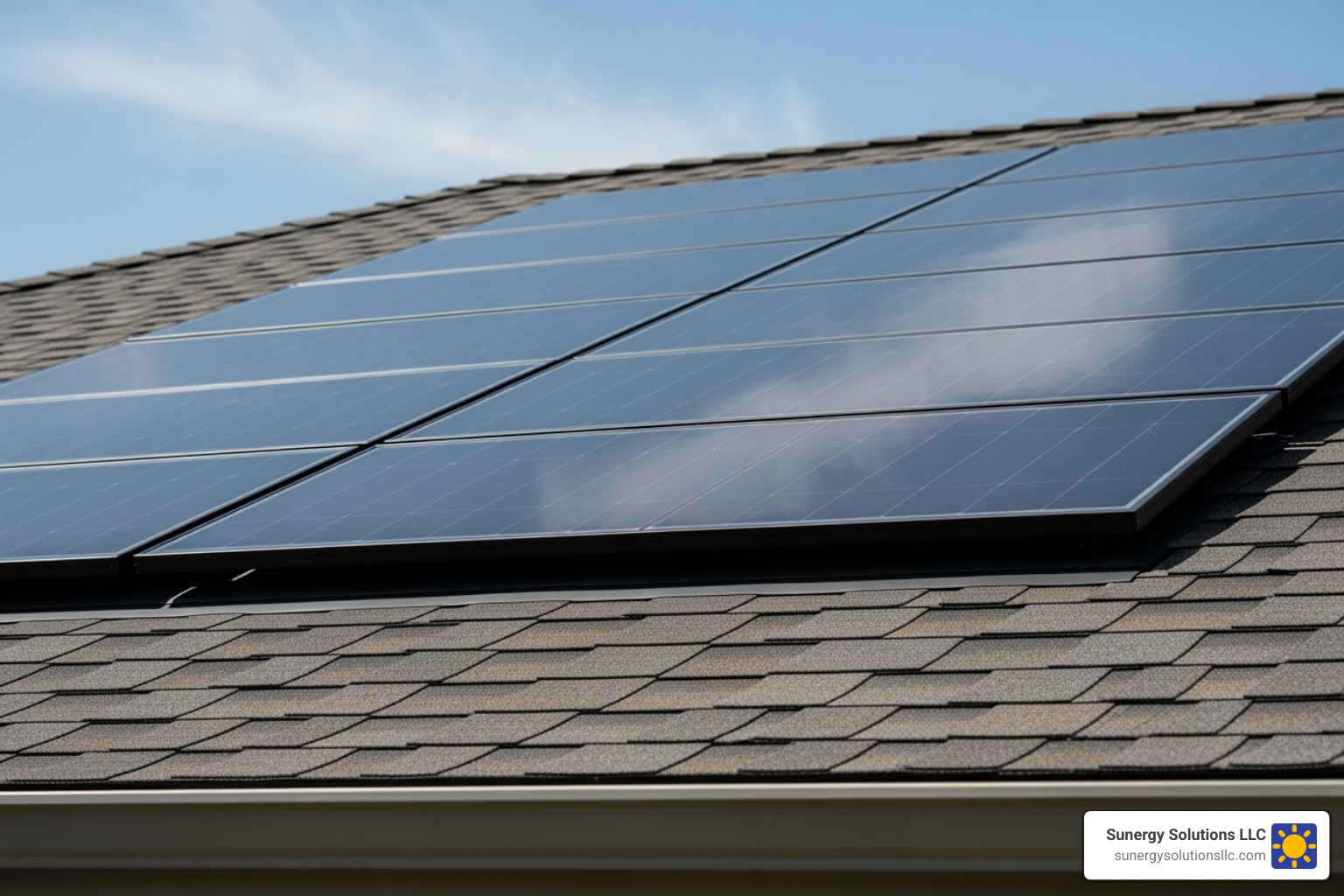 Close-up view of solar shingles seamlessly blending with standard asphalt shingles on a sunny day on an American home - best solar panel roofing