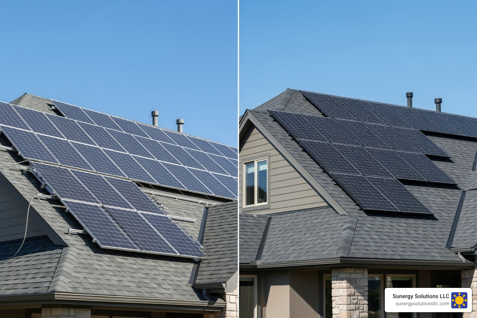 Side-by-side comparison showing a roof with traditional panels and a roof with integrated solar shingles on a modern American home - best solar panel roofing