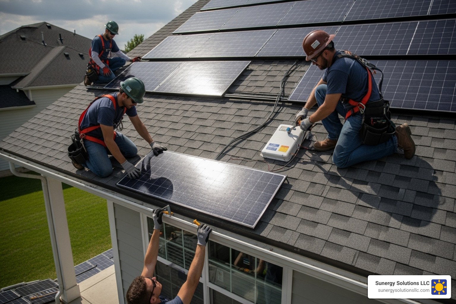 Professional installation team working on a solar shingle roof on a US home, ensuring proper sealing and electrical connections - best solar panel roofing