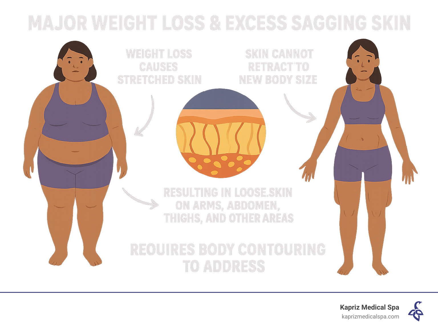 Infographic showing how major weight loss leads to excess sagging skin: Weight loss causes stretched skin, damaged collagen and elastin fibers lose elasticity, skin cannot retract to new body size, resulting in loose skin on arms, abdomen, thighs, and other areas that requires body contouring to address - jacksonville body contouring after major weight loss infographic Infographic showing how major weight loss leads to excess sagging skin: Weight loss causes stretched skin, damaged collagen and elastin fibers lose elasticity, skin cannot retract to new body size, resulting in loose skin on arms, abdomen, thighs, and other areas that requires body contouring to address - jacksonville body contouring after major weight loss infographic
