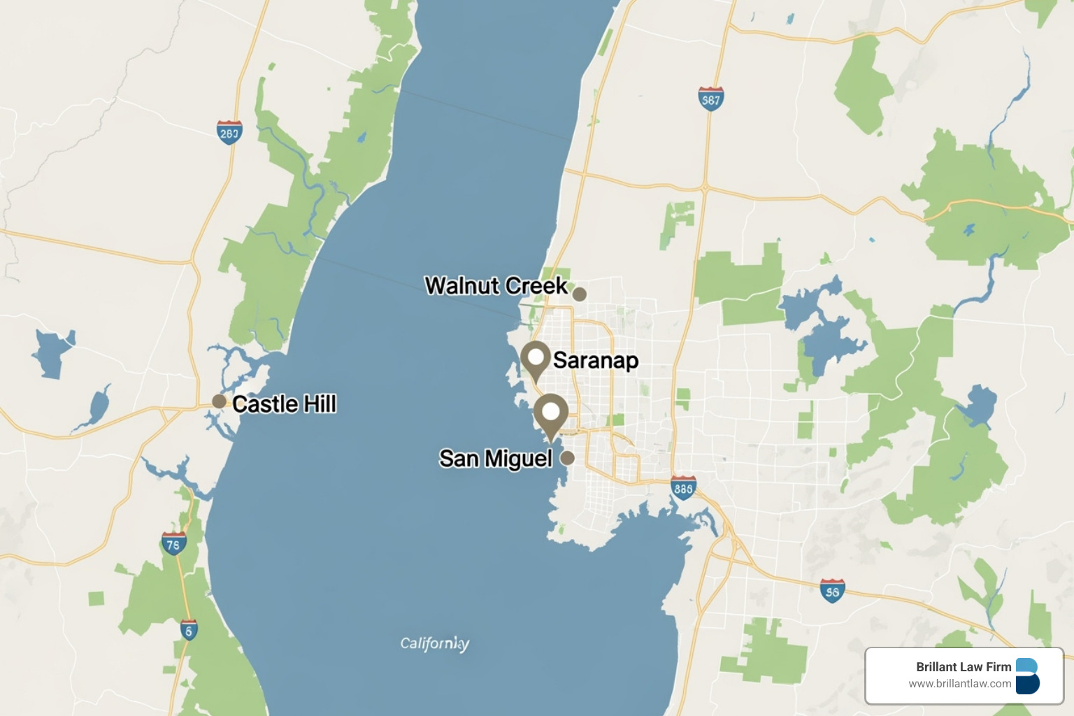 Map of the Bay Area highlighting Walnut Creek, Saranap, San Miguel, and Castle Hill, representing local tax attorney services