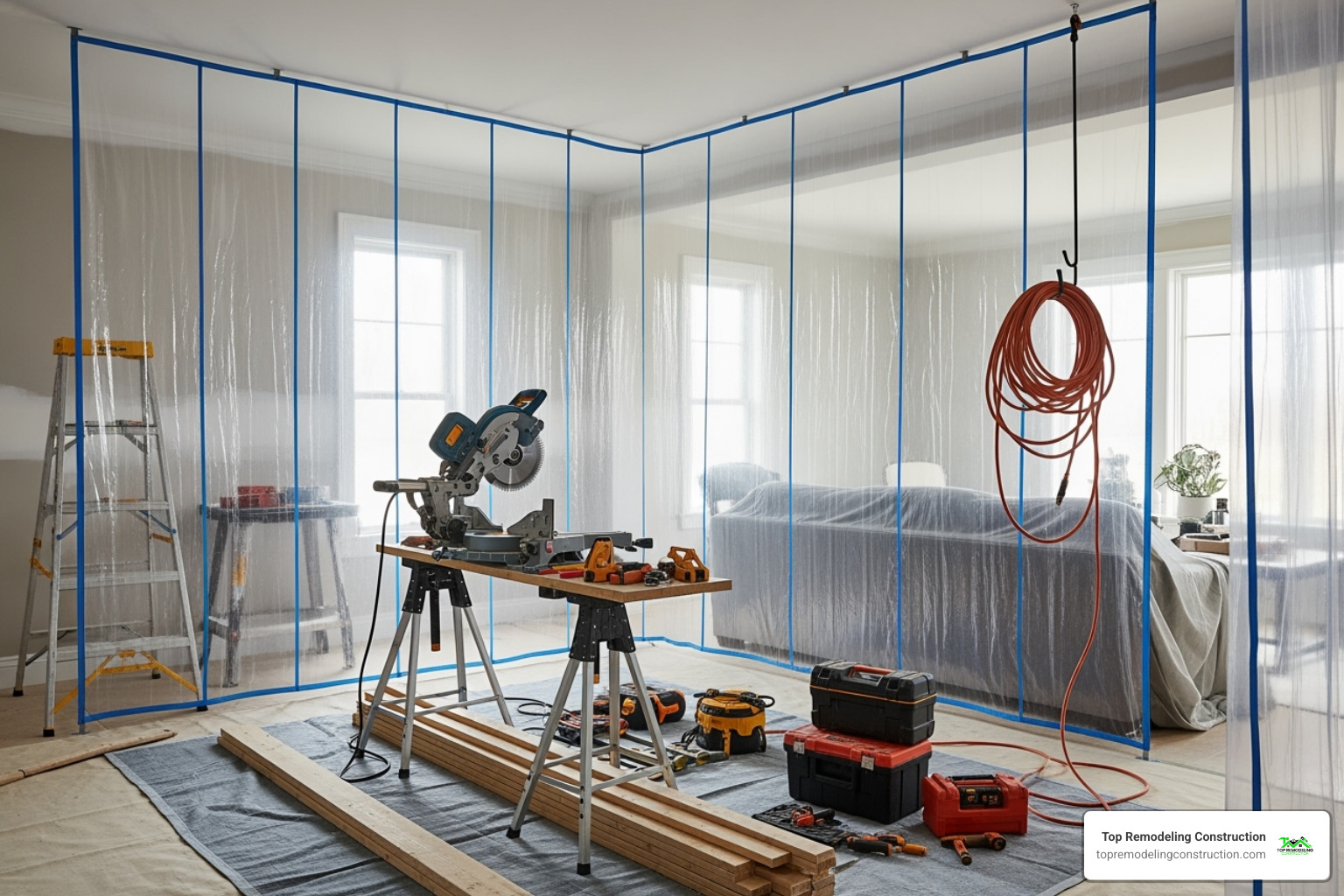 A clean and organized renovation site with dust barriers in place - home renovations contractors A clean and organized renovation site with dust barriers in place - home renovations contractors