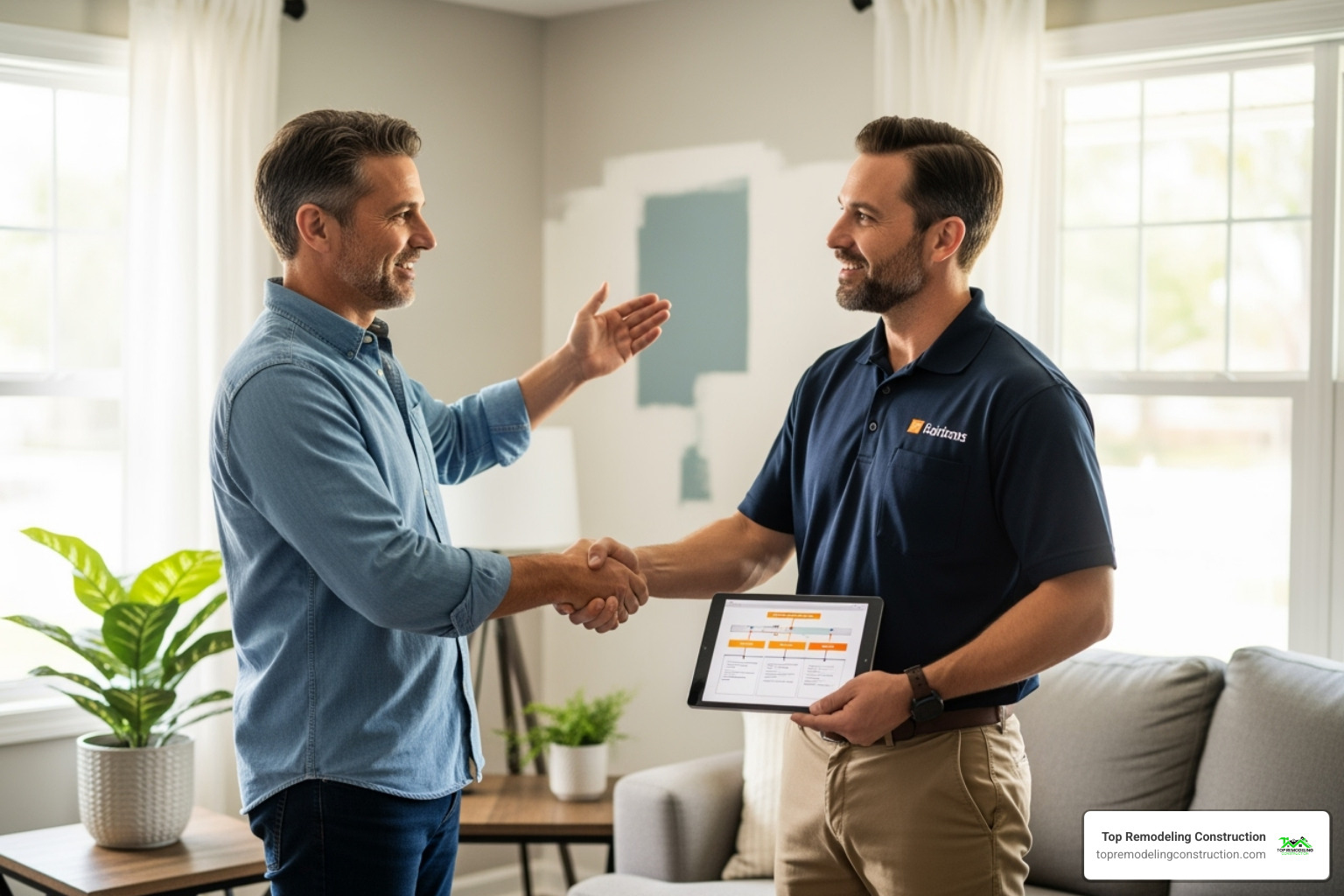 A homeowner shaking hands with a friendly, professional-looking contractor - home renovations contractors A homeowner shaking hands with a friendly, professional-looking contractor - home renovations contractors